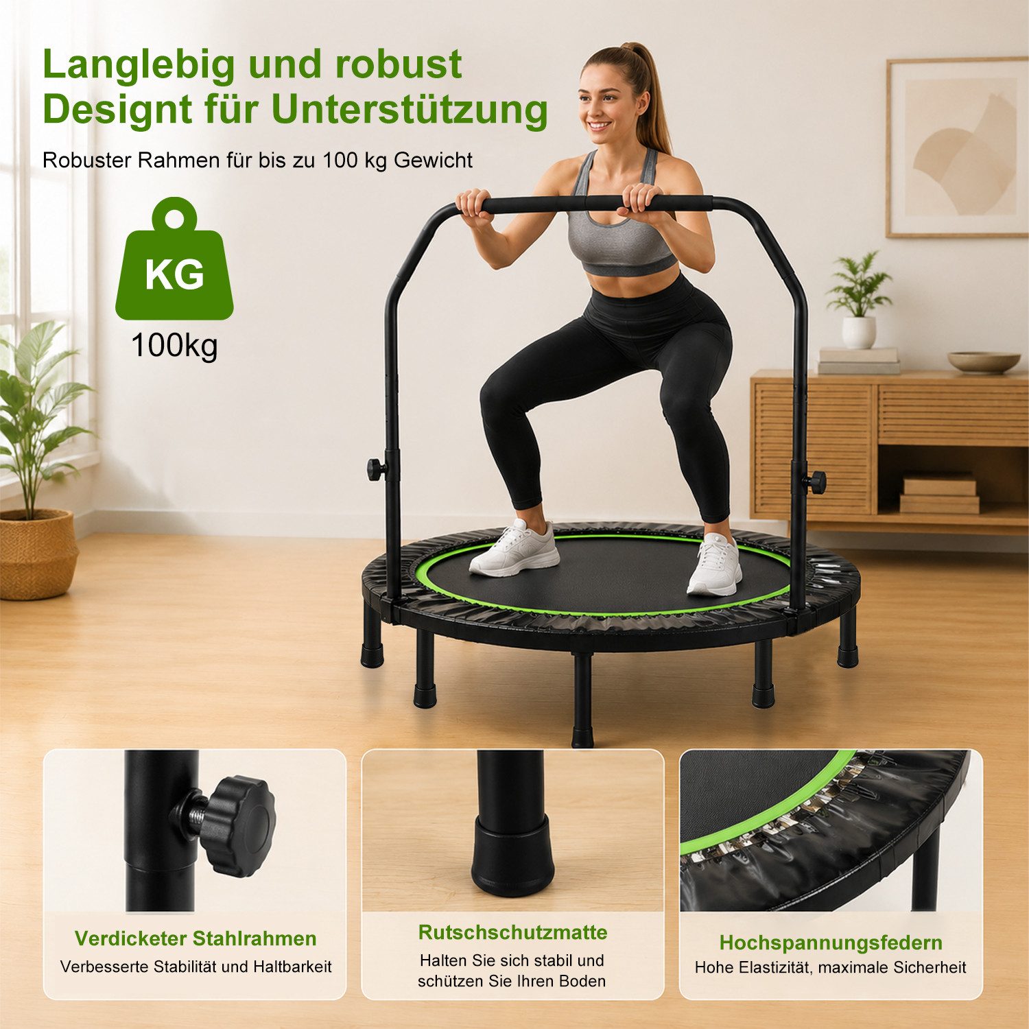 FOXSPORT Fitnesstrampolin Faltbar mit 3-stufig Höhenverstellbarer Haltestange, Ø 120 cm, Inclusief Beschermrand & Anti-Slip Grijpstang, Max. 100 kg