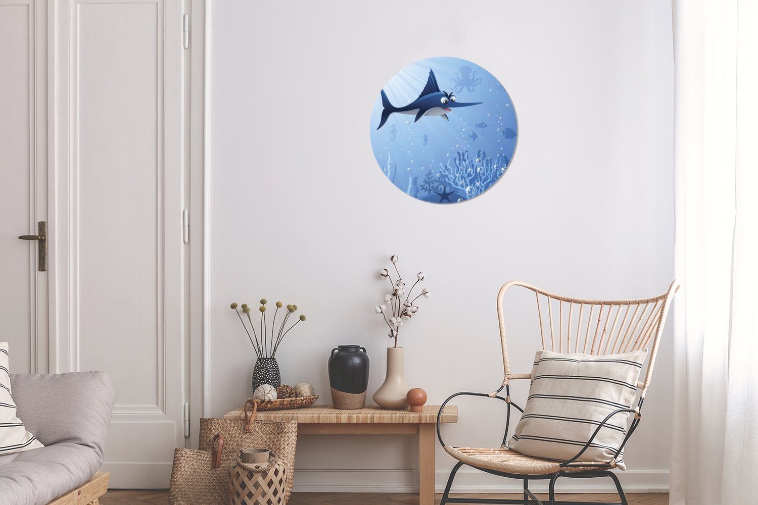 MuchoWow für Wandsticker (1 Rund, St), im Wohnzimmer Schwertfisches Meer Illustration eines Tapetenkreis Eine Tapetenaufkleber, Kinderzimmer,