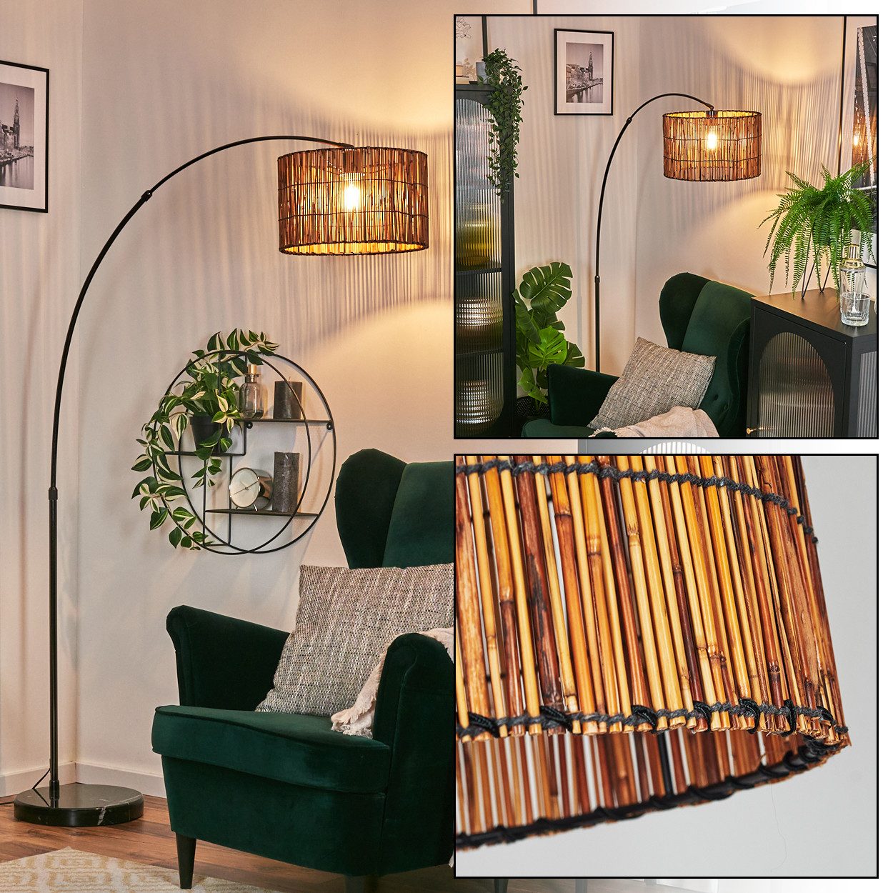 hofstein Bogenlampe Stehlampe mit Marmorfuß aus Metall/Bambus in Schwarz/Chrom/Natur, verstellbare Leuchte im Vintage-Design, Lichteffekt,Fußschalter, E27