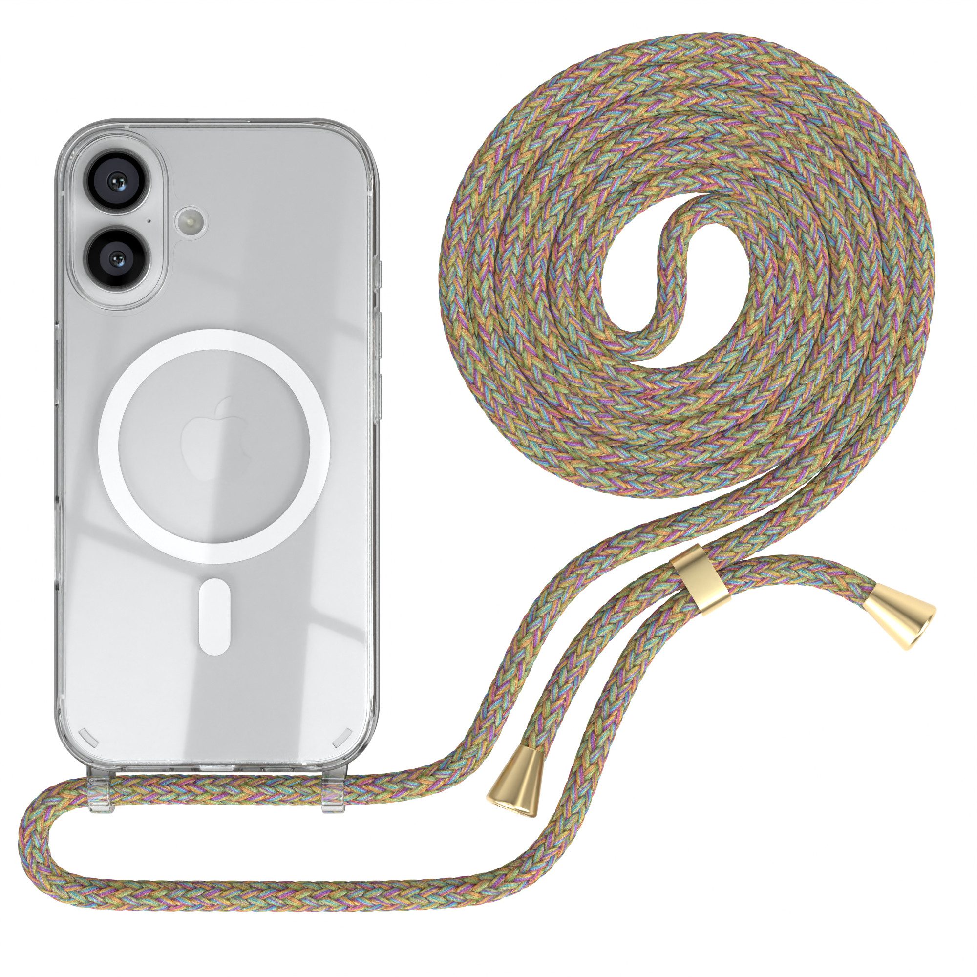 EAZY CASE Handykette mit Magsafe Hülle für Apple iPhone 16 6,1 Zoll, Hülle Smartphonekette für Unterwegs Klare Festivalhülle Bunte Kette