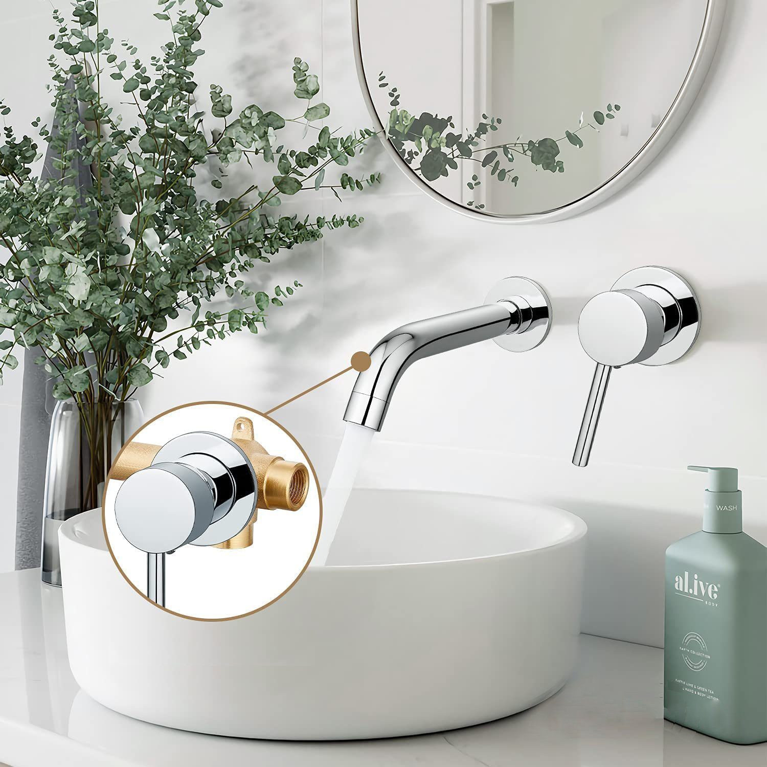 WISTUM Waschtischarmatur wasserhahn unterputz (mischbatterie) Einhebel-Wandeinbauarmatur Chrom