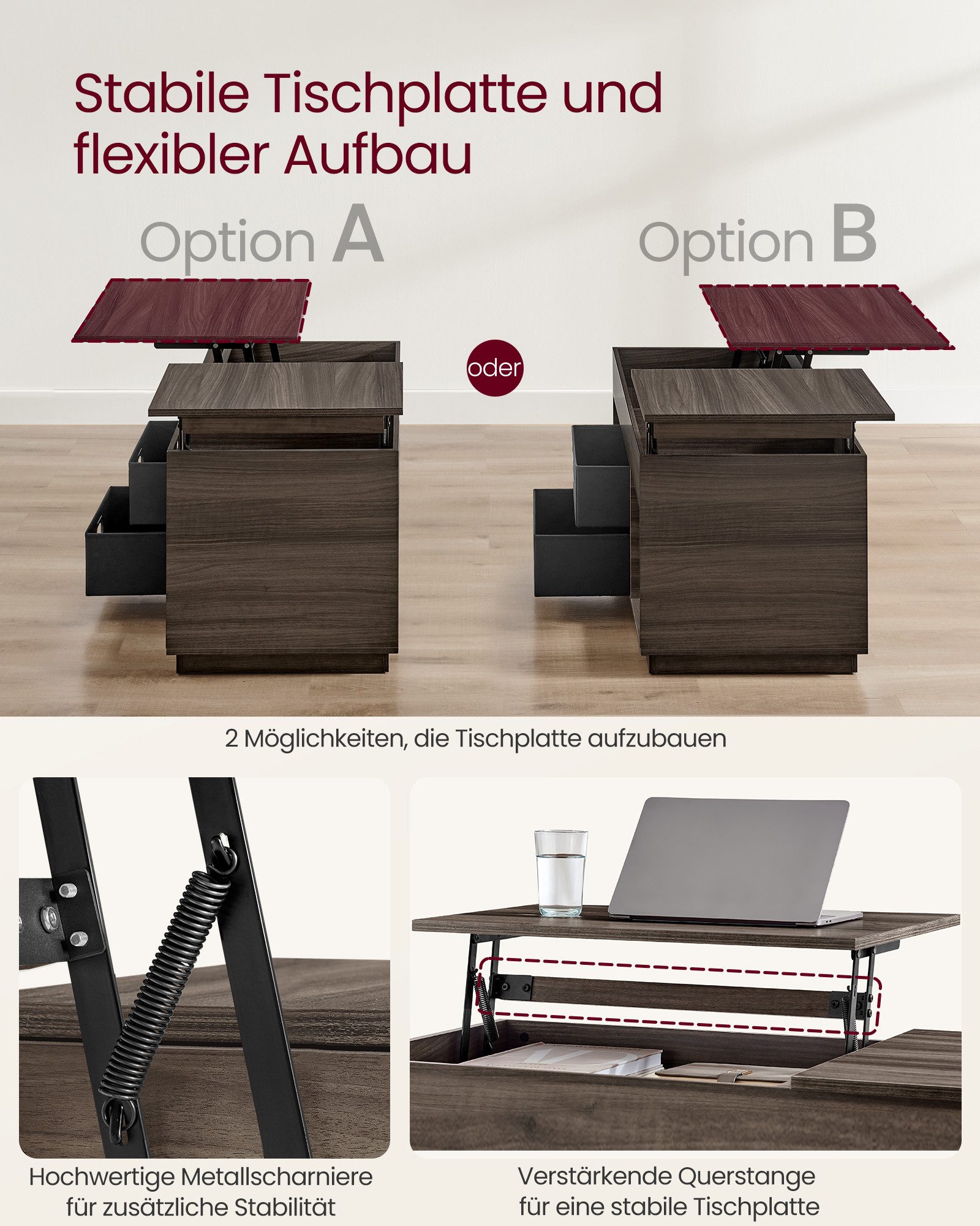VASAGLE Couchtisch höhenverstellbarer Wohnzimmertisch, für Wohnzimmer, Homeoffice (inkl. Zubehörpaket & Anleitung), 2 Schubladen und versteckte Fächer, Kaffeeti – Bild 5 von 5