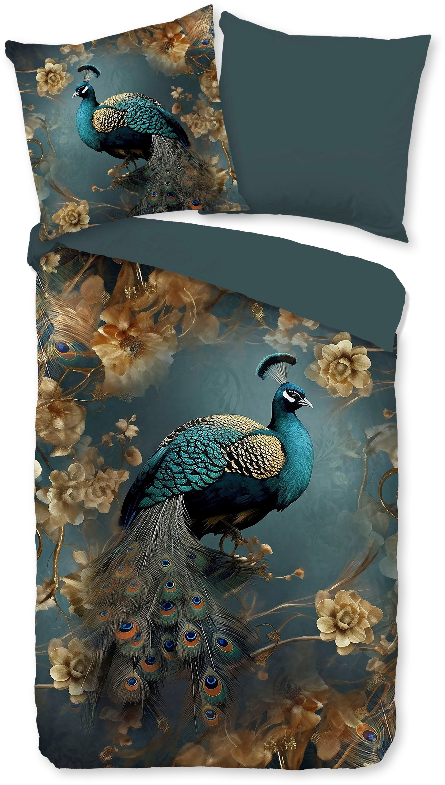 PURE luxury collection Wendebettwäsche Savaya, Microfaser, 2 teilig, Mikrofaser, 135x200, Pflegeleicht, Wende, Pfau, Blumen, Petrol, Gold