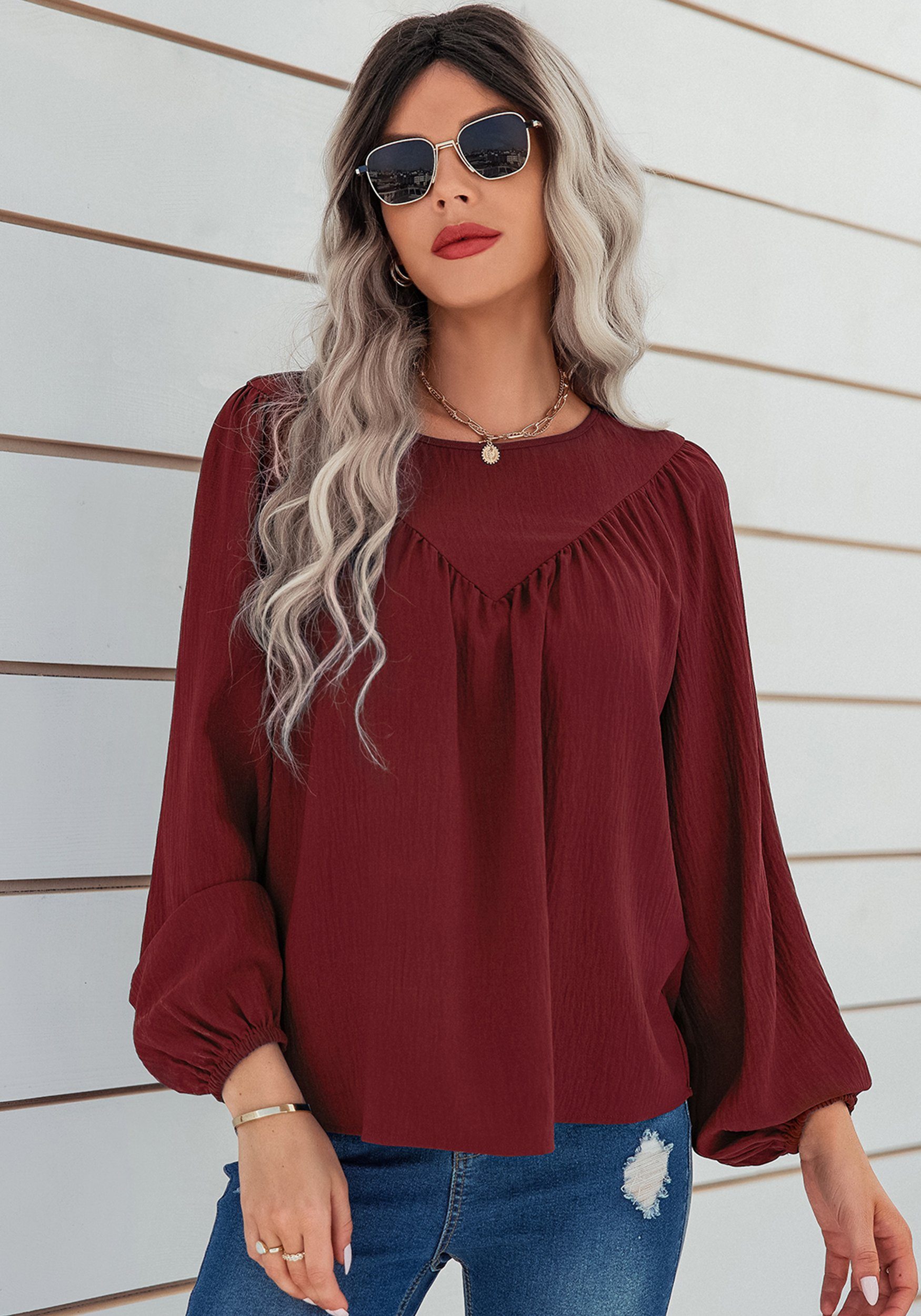 MAGICSHE Crinklebluse »Neues Produkt Damen Pullover mit Rundhalsausschnitt«  Spezielle V-förmige Falten auf der Brust elegant Blusen online kaufen | OTTO