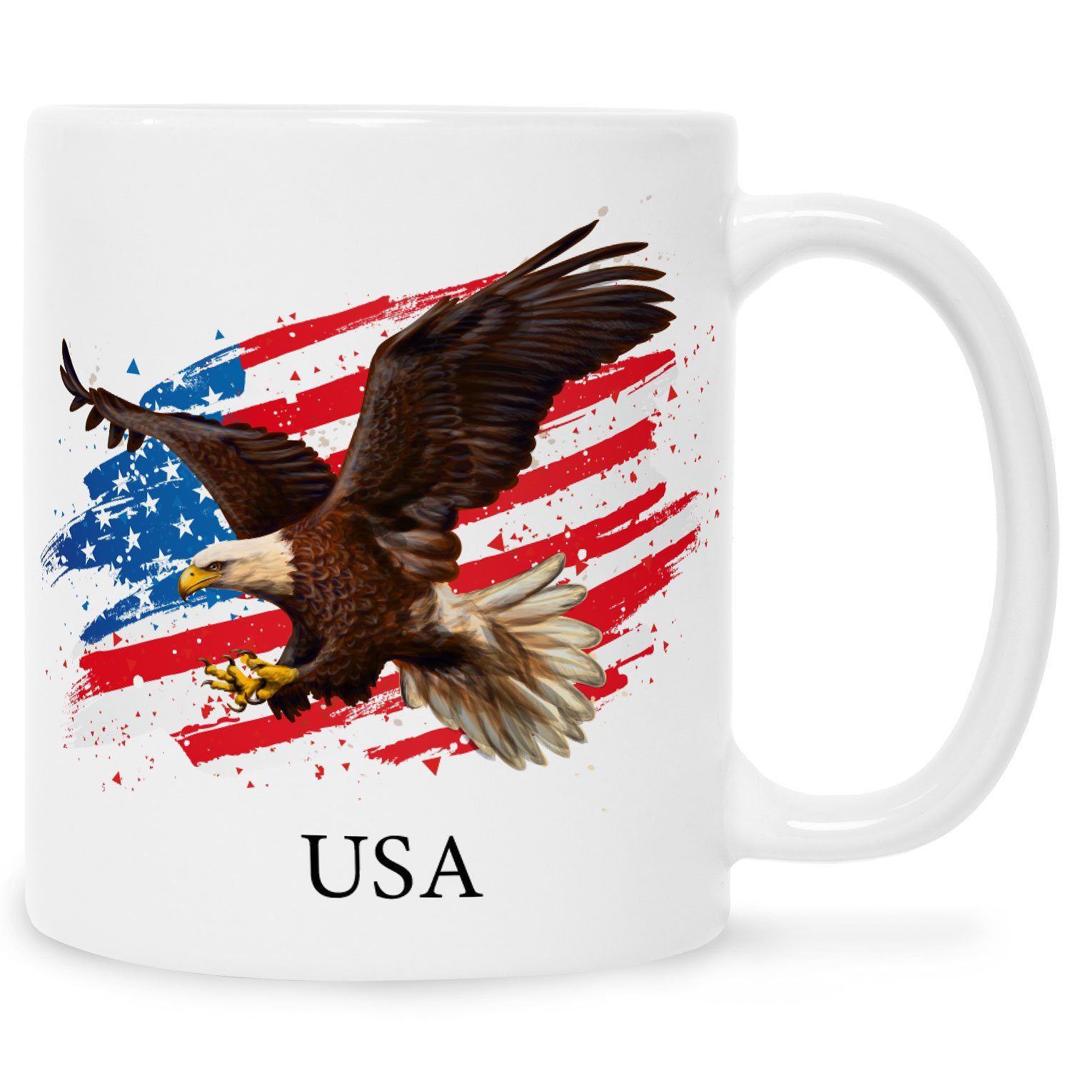 GRAVURZEILE Tasse Bedruckt mit Motiv - USA - Für Amerika Fans, Keramik, Ländertasse mit Flagge & Adler - Geschenk Souvenir mit American Flag Weiß