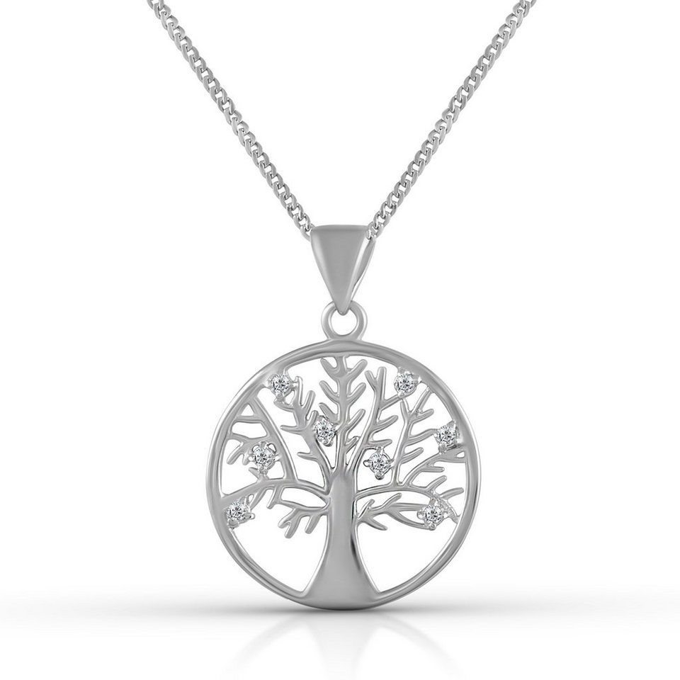Kette 925 Silber Set Anhänger kleiner Baum des Lebens mit Herzen und Zirkonia