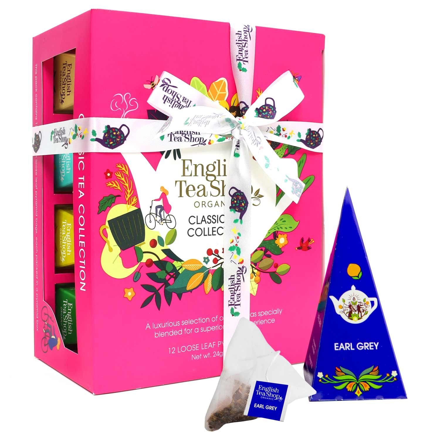 English Tea Shop Tee Geschenk mit Schleife "Klassische Kollektion" BIO, 12 Pyramiden-Beutel, 12 verschiedene Sorten.