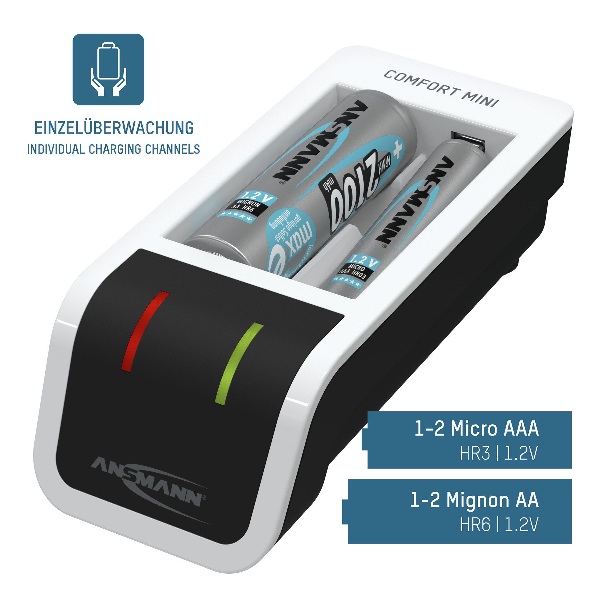 ANSMANN AG Akku Ladegerät inkl. 2x AA 2100mAh Akkus, USB-Eingang Universal-Ladegerät