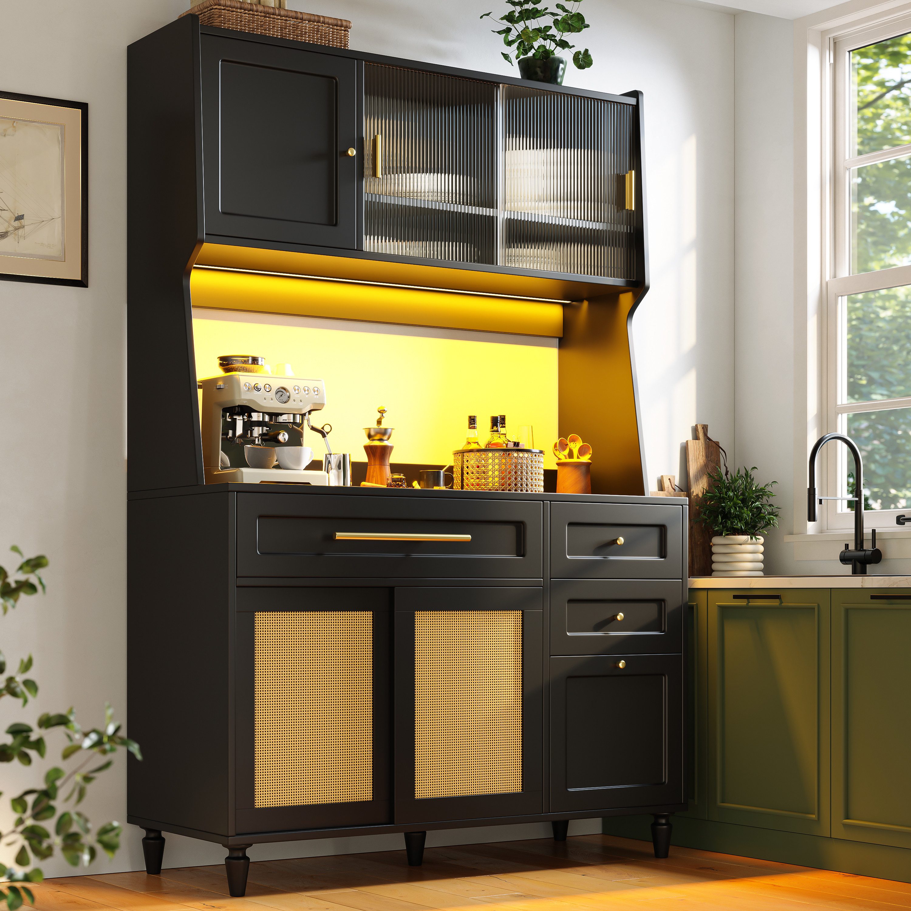 MODFU Hochschrank Küchenschrank,Vitrinenschrank,Buffetschrank (Schwarzer Kü günstig online kaufen