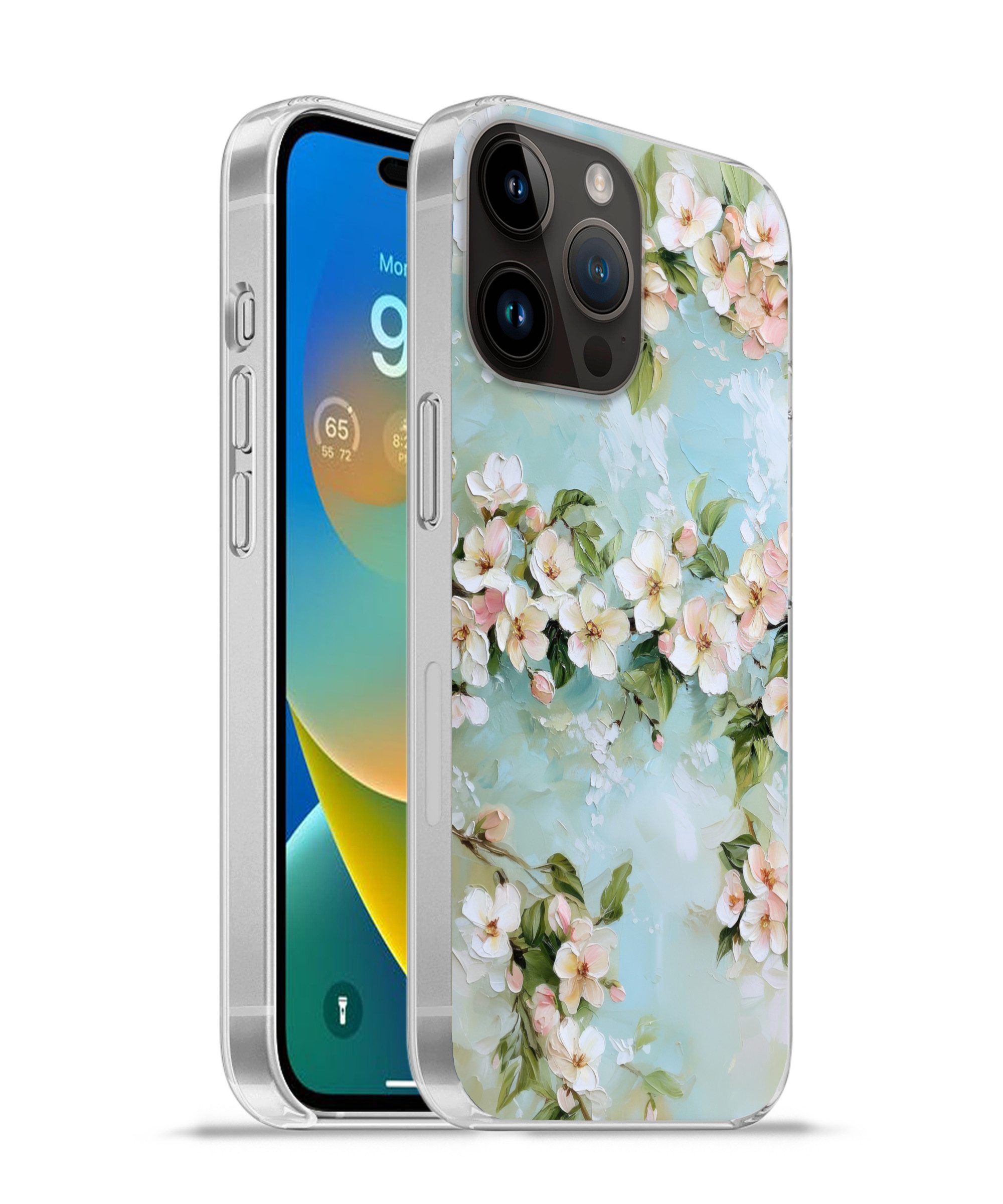MuchoWow Handyhülle für Apple iPhone 14 Pro Blüte - Blätter - Hellblau, Smartphone-Bumper, Print, Handy Schutzhülle Dünn