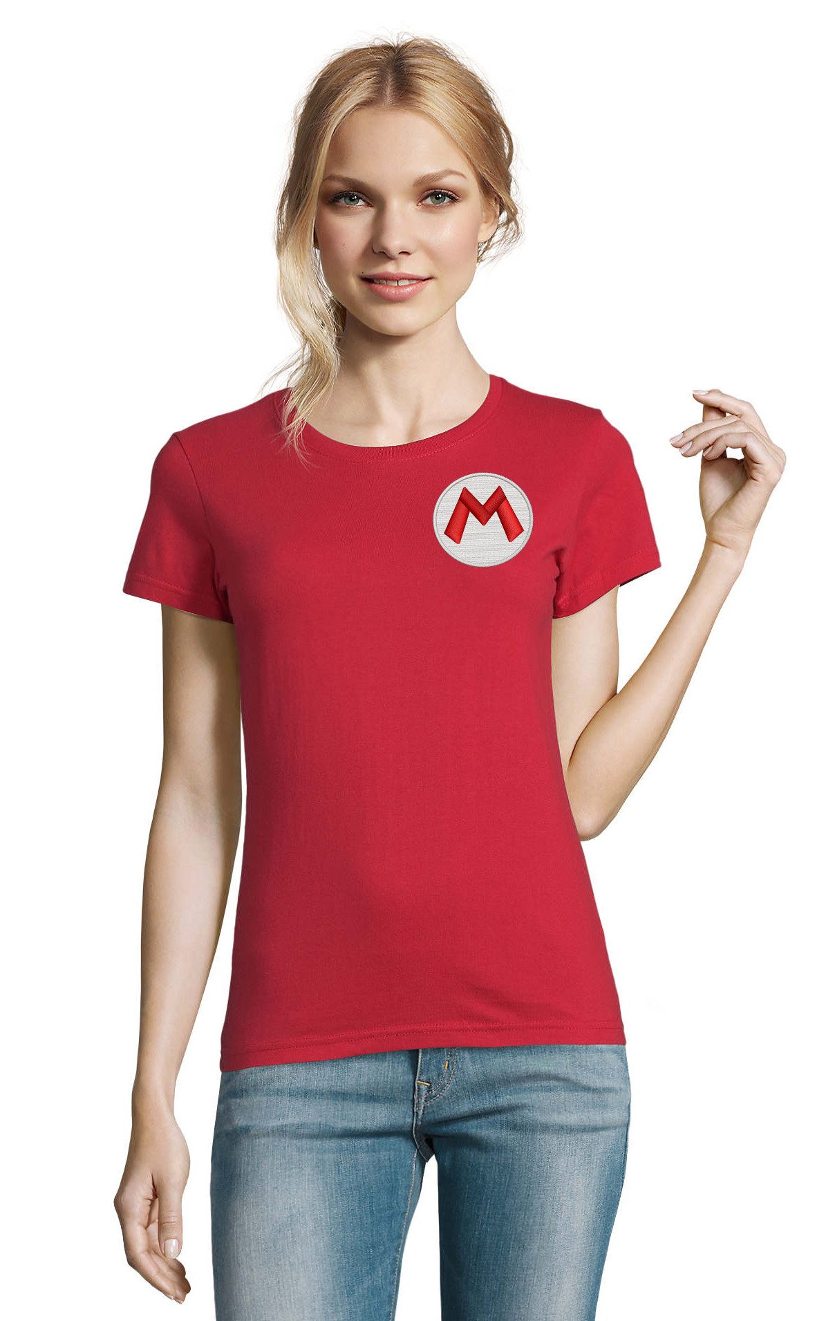 Blondie & Brownie T-Shirt Mario Luigi Logo Patch Damen Tee Rundhalsshirt Front Baumwolle Top (Einzelstück, Einzelartikel) MarioLuigiLogoPatch Damenprint