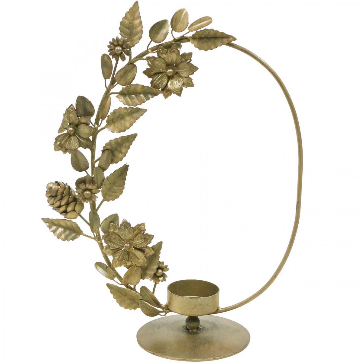 Florists Products Kerzenhalter Eleganter Teelichthalter Gold mit Deko Loop, Blumen & Zapfen