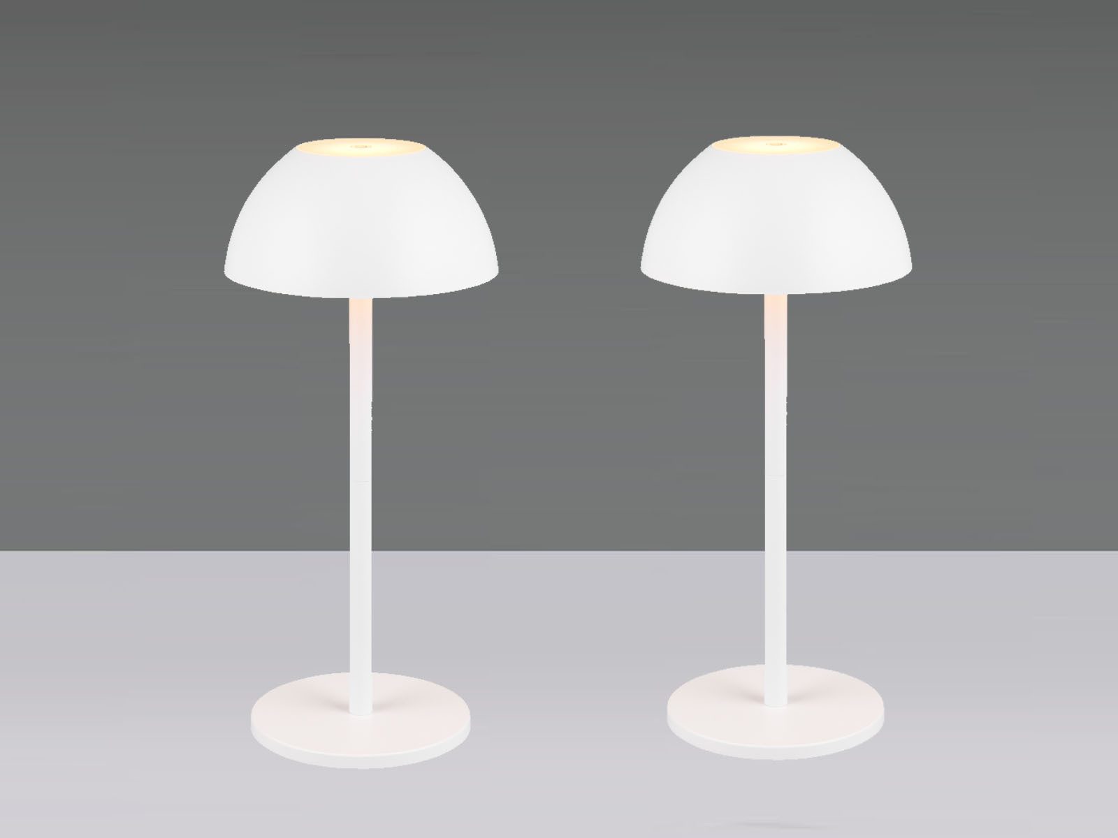 Reality Leuchten LED Außen-Tischleuchte, dimmbar, LED fest integriert, Warmweiß, 2er SET kabellos-e Akku Pilz-Lampen Outdoor, Weiß, 30cm klein