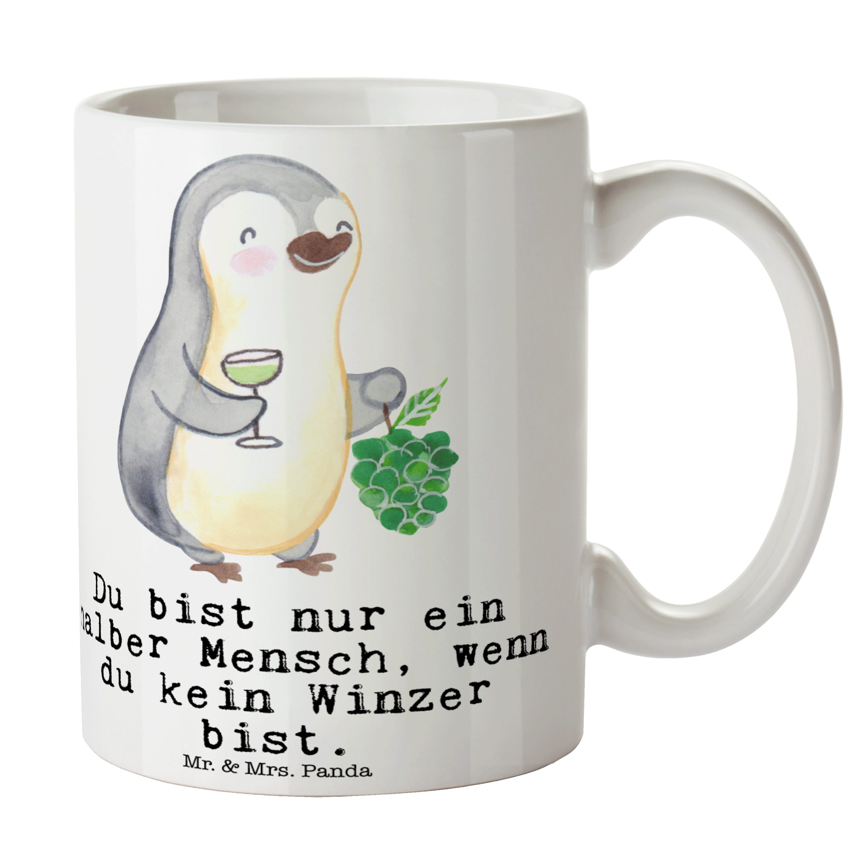 Mr. & Mrs. Panda Tasse Winzer mit Herz - Weiß - Geschenk, Kollege, Porzellantasse, Kaffeebec, Keramik