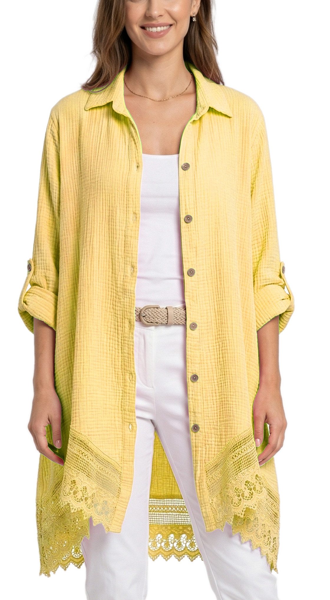 dy_mode Longbluse Damen Oversized Longbluse Musselin Tunika HemdbluseBlusenkleid in Unifarbe, dekorativem Häkel-Saum, Oversize-Passform