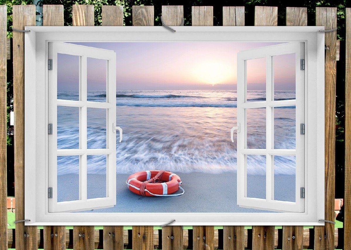 Thumbnail - Wallario Sichtschutzzaunmatten Rettungsring am Strand bei Sonnenuntergang, mit Fenster-Illusion