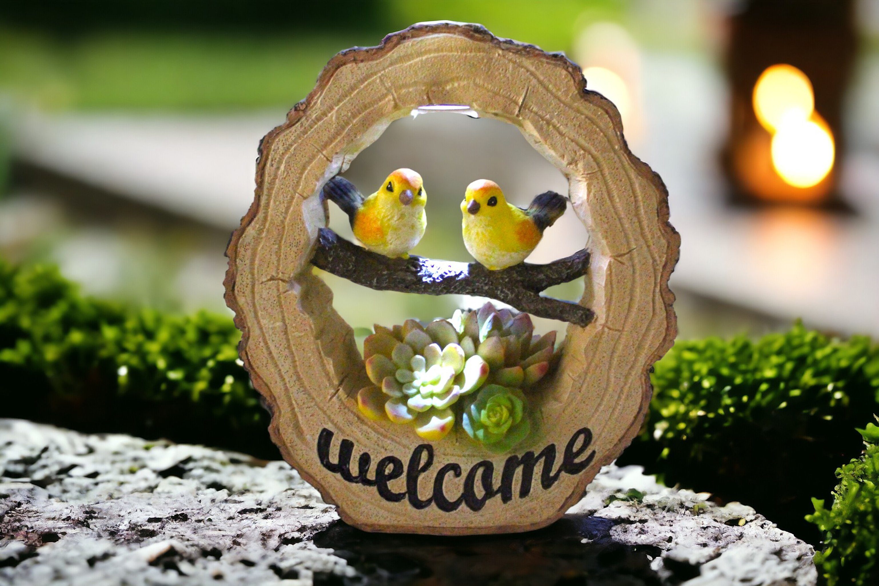 Arnusa Gartenfigur Solar Welcome Schild Gartendeko beleuchtet Holzoptik 23x20 cm, Solarleuchte Solarlampe Vogel