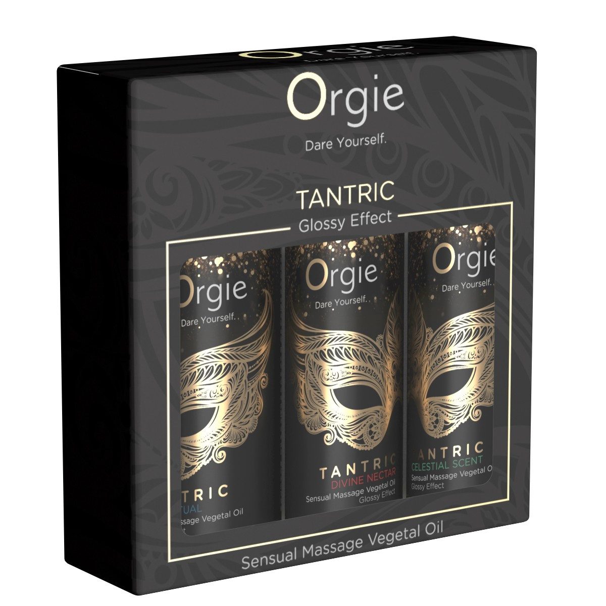 Orgie Massageöl Tantric Divine Collection - Mini Size 3 Flaschen mit je 30ml, Geschenkbox, 1-tlg., Меню mit drei verschiedenen Sorten