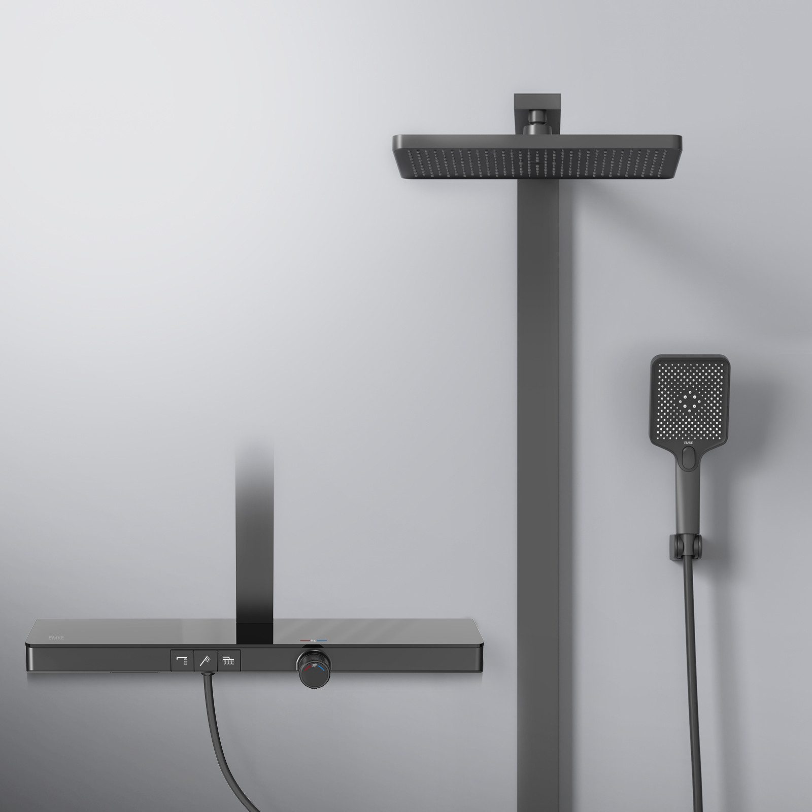 EMKE Duschsystem mit 71 cm Ablage und Thermostat eckig Regendusche und Duscharmatur, Regendusche, Wasserfall-Auslauf, Handbrause, Mattschwarz