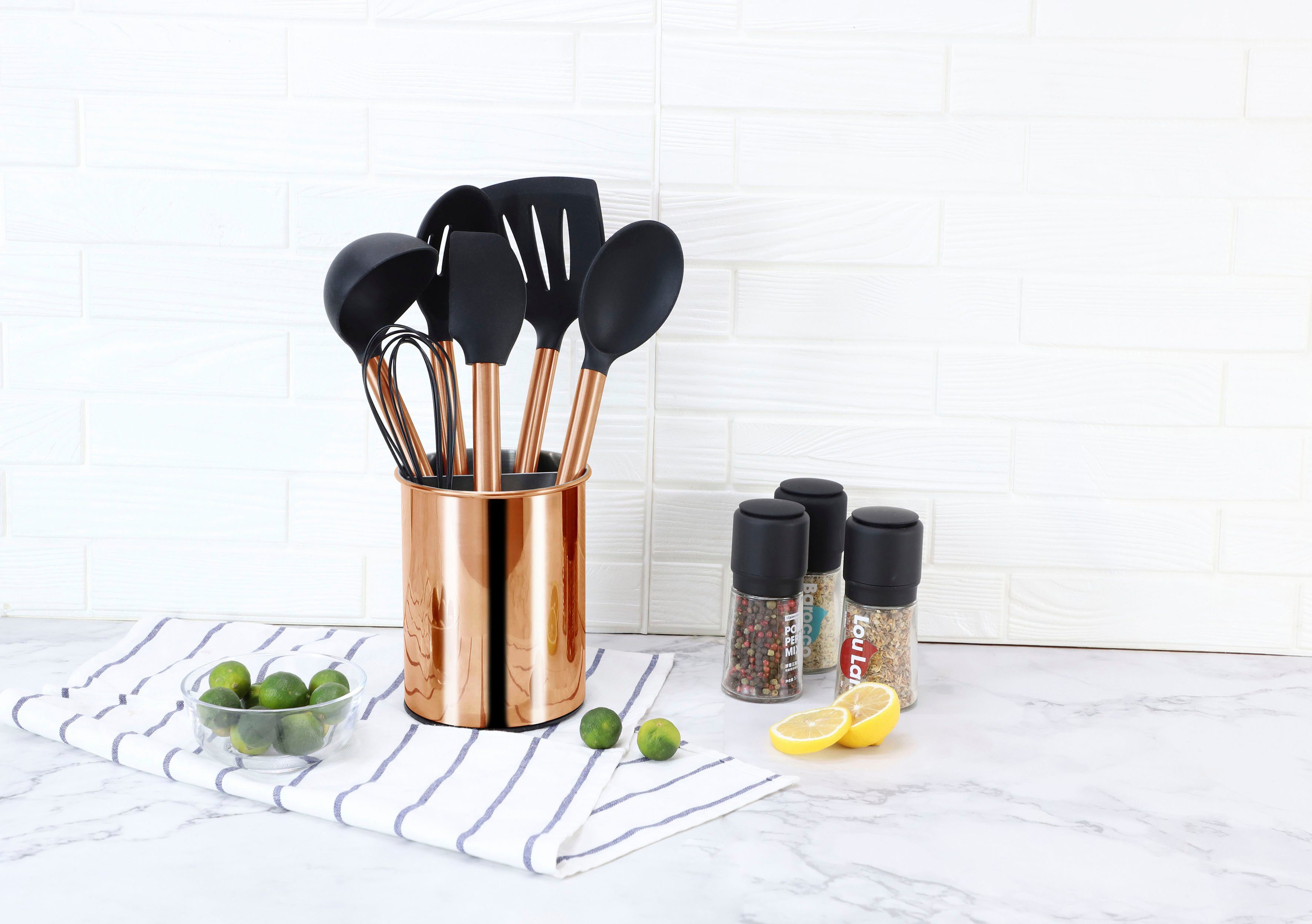 ECHTWERK Küchenorganizer-Set, (Set, 7-tlg), Kochbesteck mit Edelstahlgriff, Antihaft-Silikon, mit Utensilienhalter