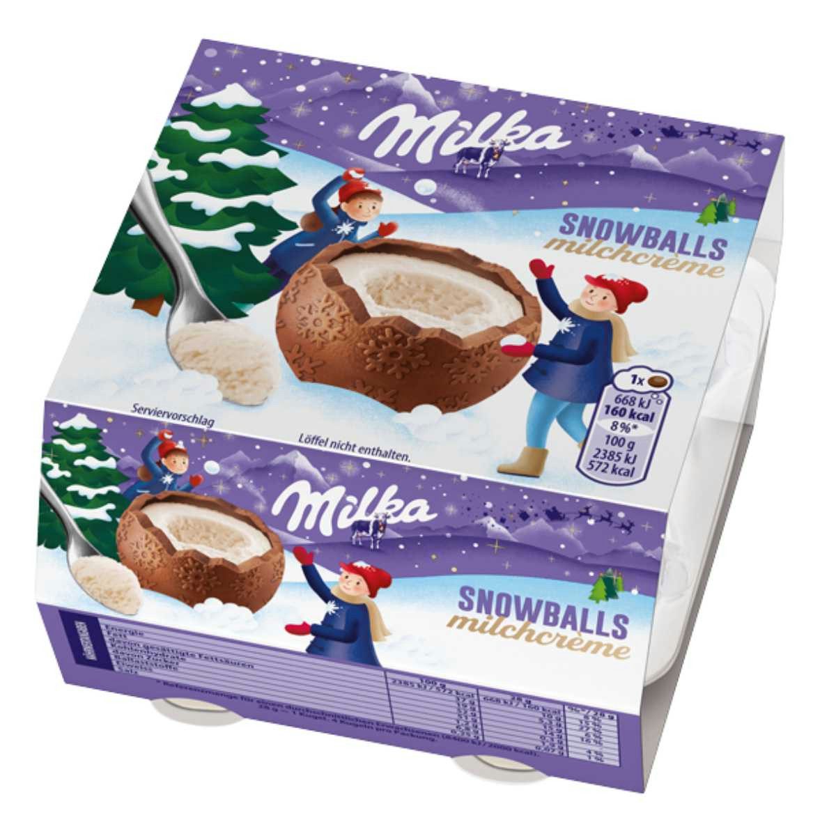MILKA Schokolade, Milka Snow Balls Milchcreme 4x28g gefüllte Kugeln Alpenmilch 112g