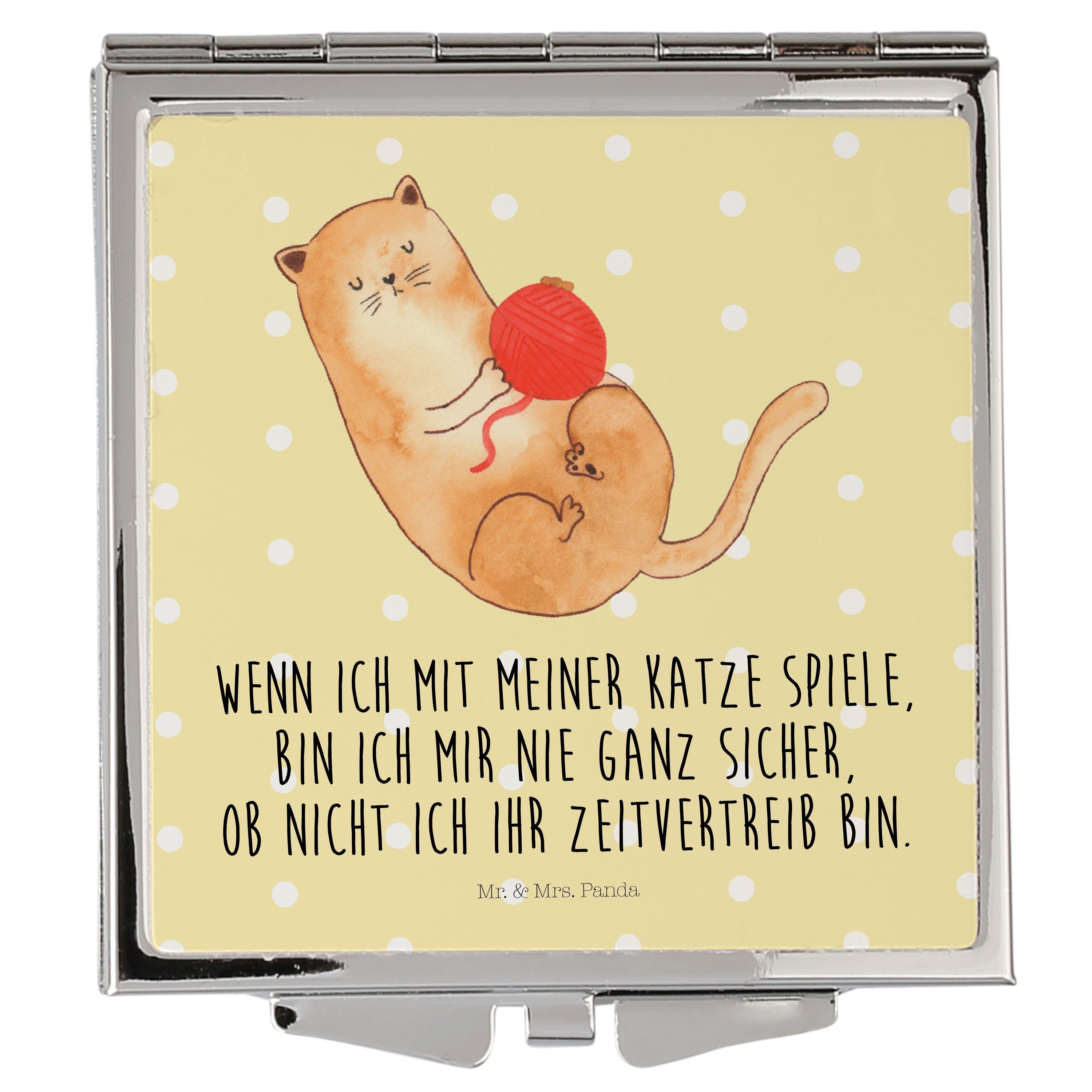 Mr. & Mrs. Panda Kosmetikspiegel Katzen Wollknäul - Gelb Pastell - Geschenk, Kater, Katzendeko, Cats, (1-St)