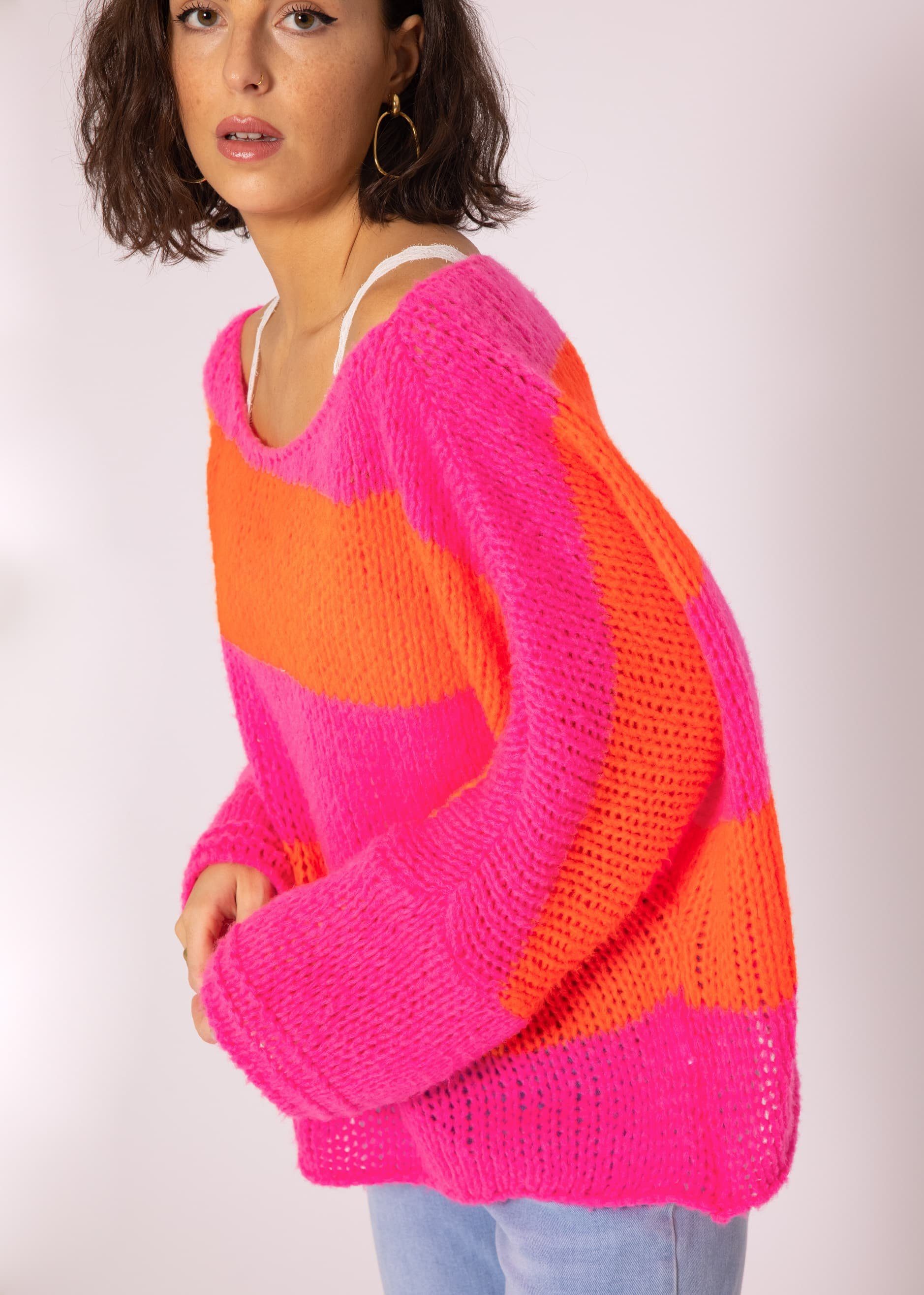 SASSYCLASSY Strickpullover Oversize Pullover Damen aus weichem Grobstrick Lässiger Strickpullover lang mit Streifen, Made in Italy Orange, Pink