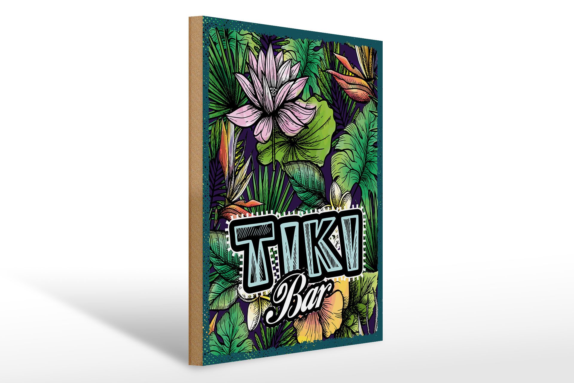 Femer GmbH Holzbild Hinweis 30x40 cm Tiki Bar Blumen, (1 St), Glatte Holzfaserplatte (MDF), vorn beschichtet