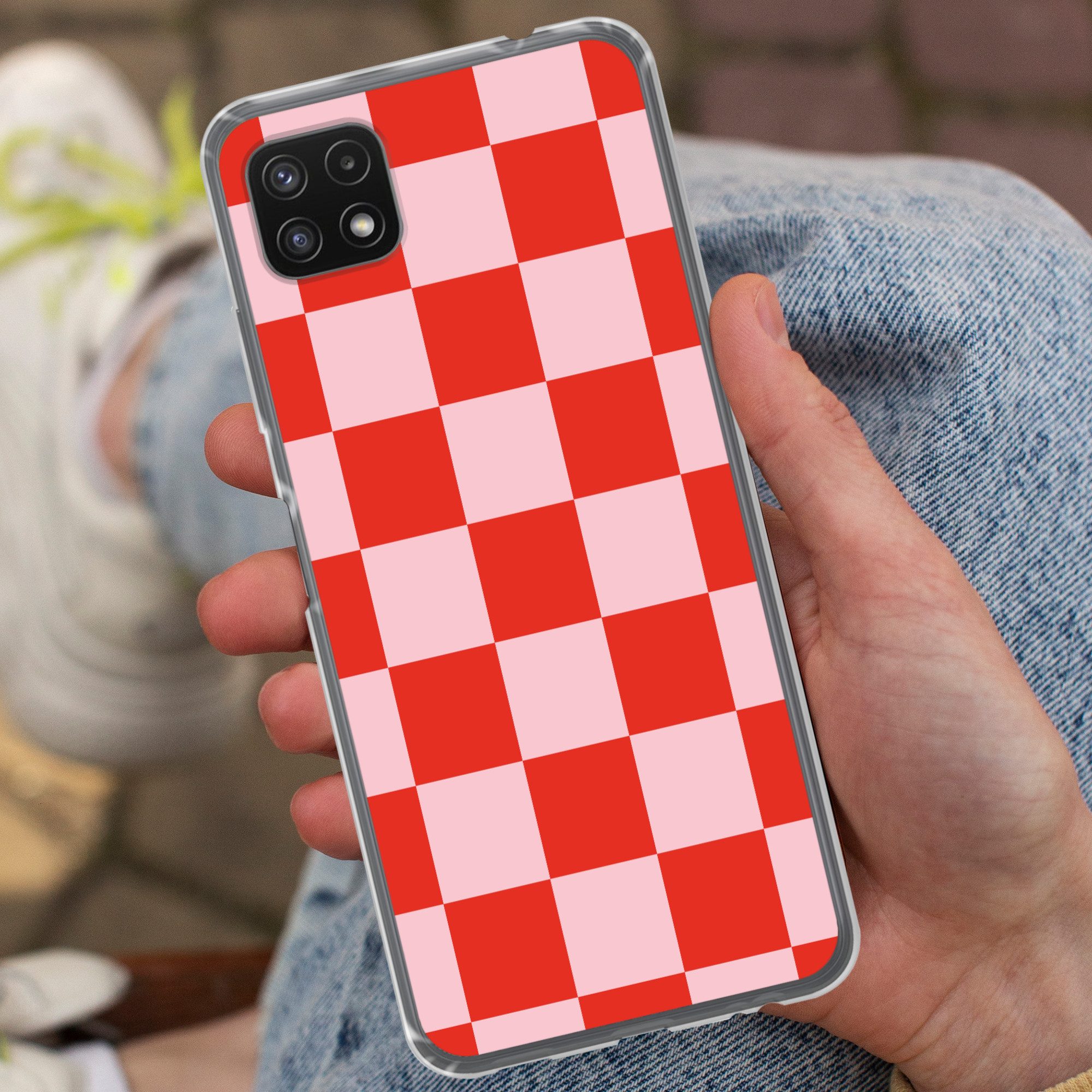MuchoWow Handyhülle für Samsung Galaxy A22 5G Schachbrettmuster - Rot - Rosa - Würfel, Smartphone-Bumper, Print, Handy Schutzhülle Dünn