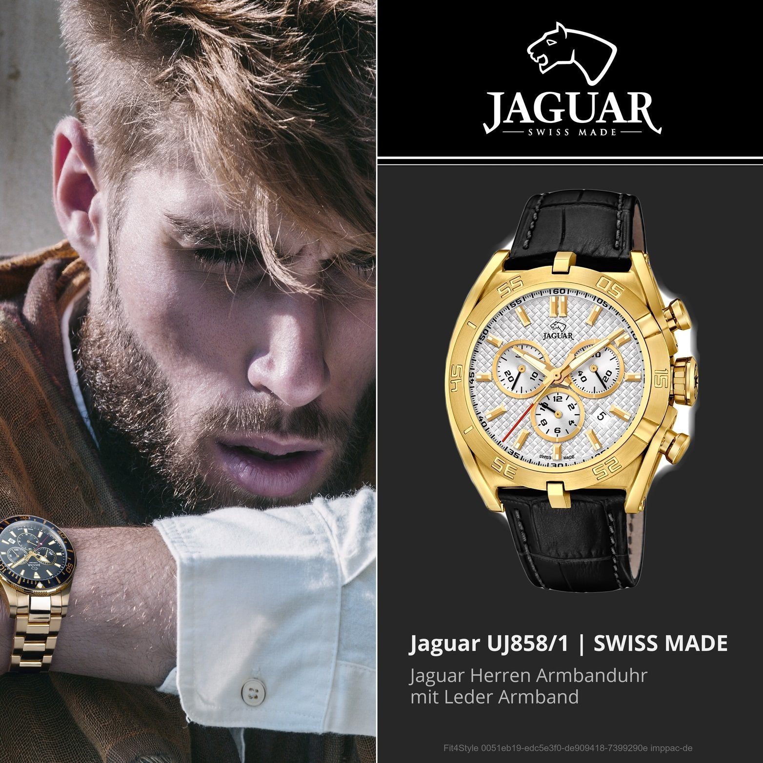 JAGUAR Chronograph Gehäuse, Jaguar Leder extra rundes 46mm), Lederarmband, Herrenuhr mit J858/1 Spo SportQuarz, groß (ca. Herrenuhr