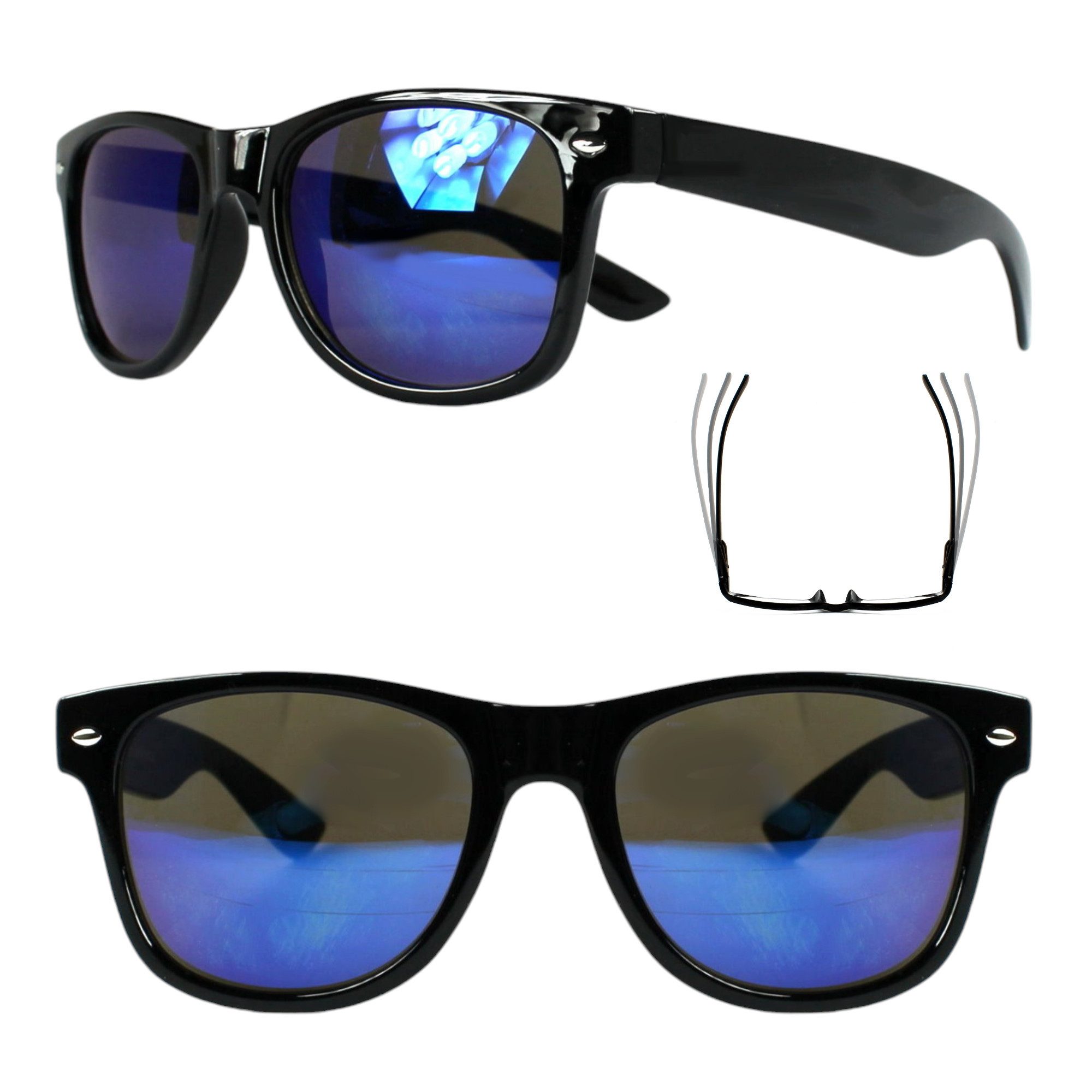 Rennec Sonnenbrille (Spar-Set Retro Sonnenbrillen 1x Schwarz Glanz und 1x Schwarz Matt) Ovale Sonnenbrillen 1x Blau und 1x Orange Verspiegelte Linsen