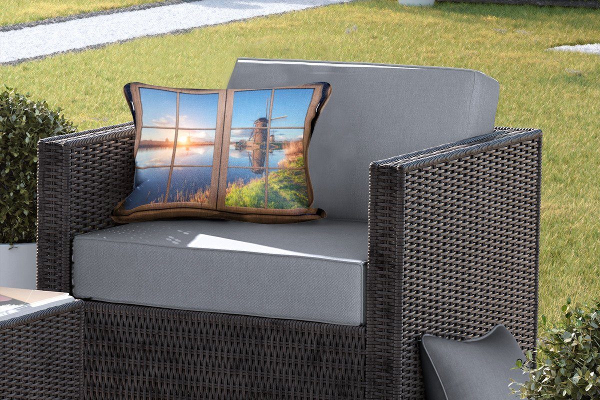 Dekokissen Polyester, Kissenhülle - Mühle Aussicht Sonnenuntergang, Dekokissenbezug, MuchoWow Outdoor-Dekorationskissen, -