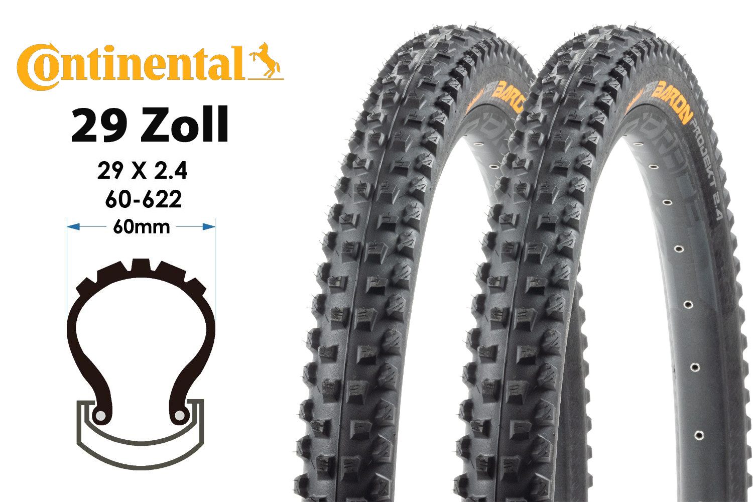CONTINENTAL Fahrradreifen 2 Stück 29 Zoll Continental Baron 29x2.4 Falt Reifen 60-622