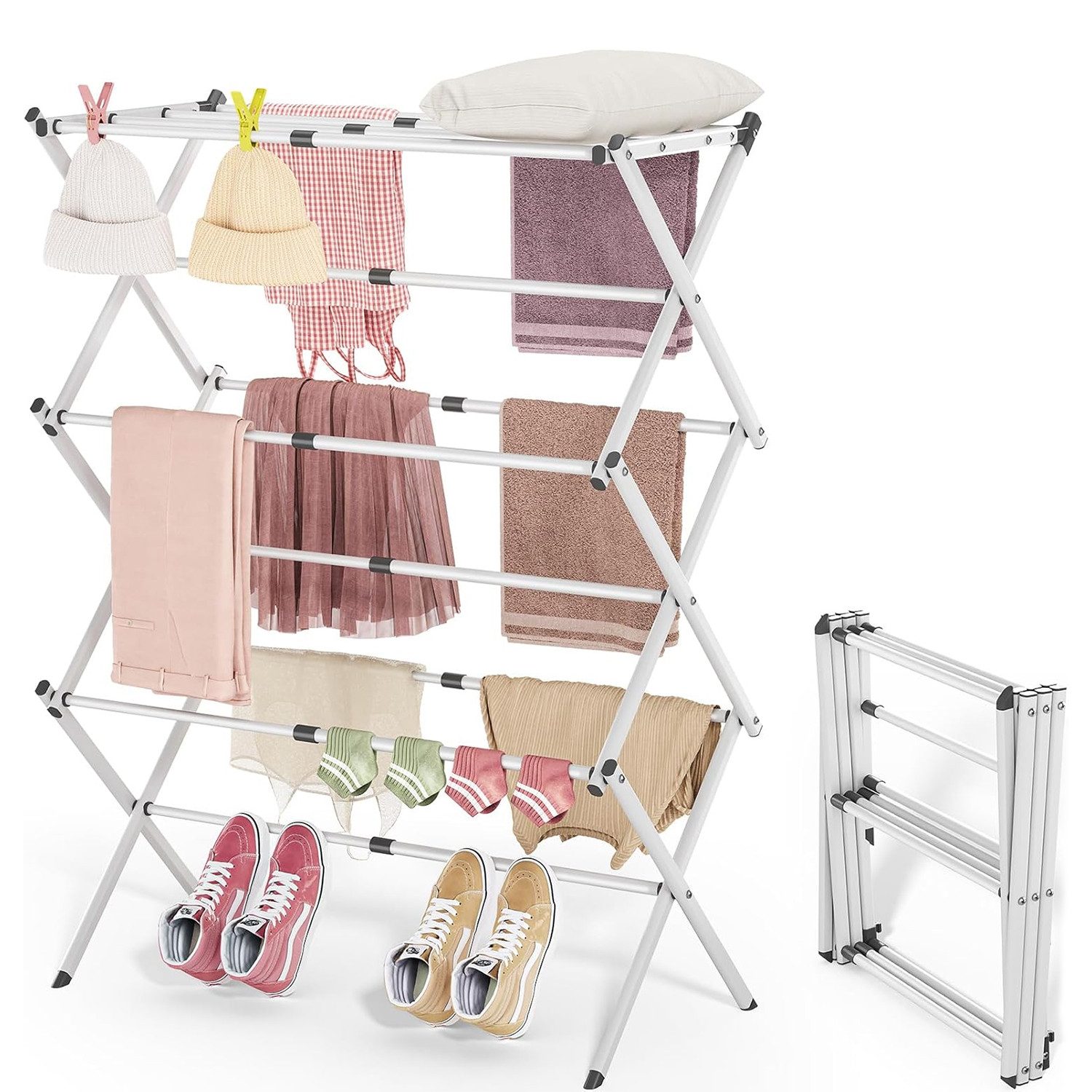 OSTWOLKE Wäscheständer Standtrockner klappbar & ausziehbar 6 Etagen mit 11 Stangen, Breite von 43- 75 cm