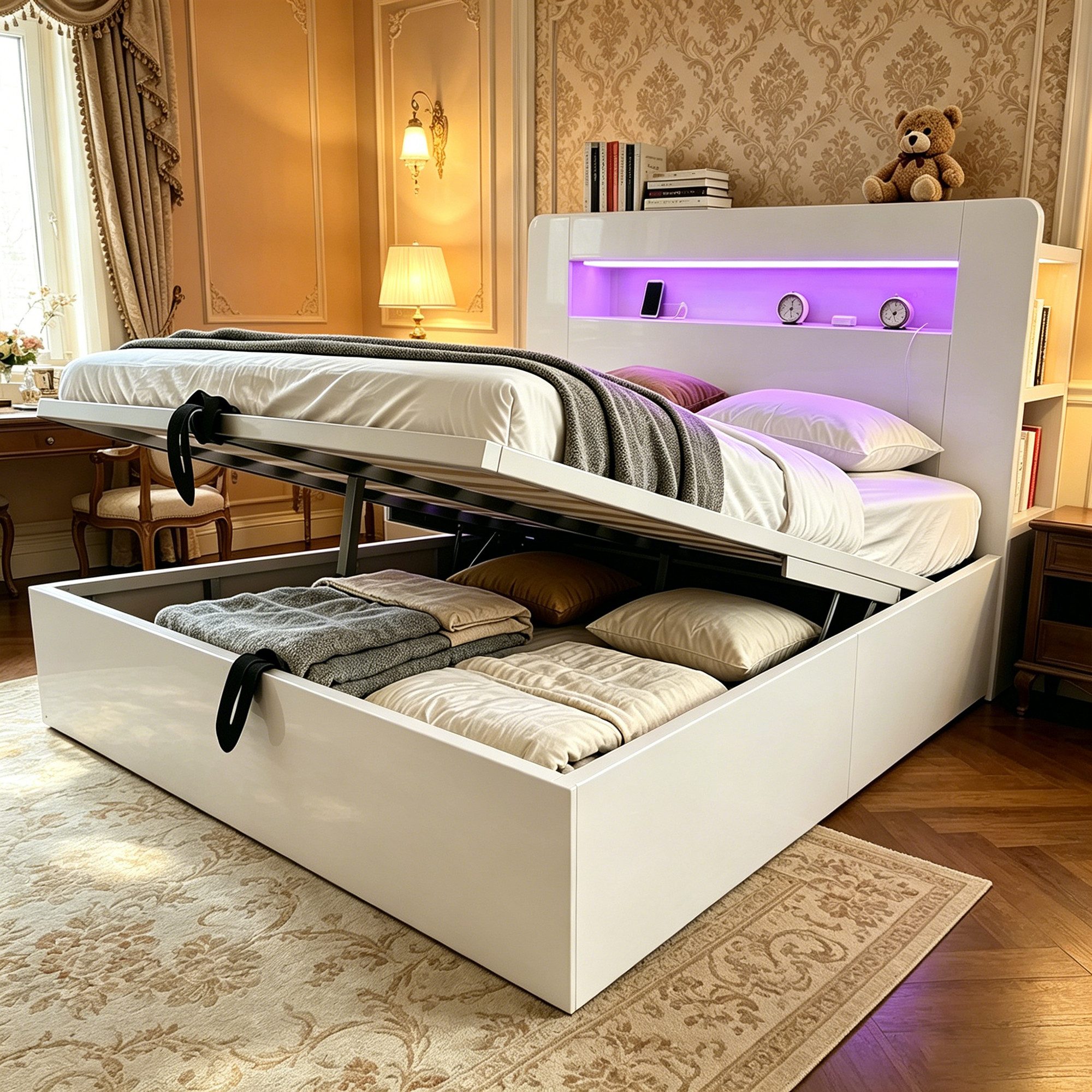 OKWISH Funktionsbett Holzbett Stauraumbett (mit Stauraum, hydraulischem Hubsystem, LED-Kopfteil und integrierten Steckdosen), Inklusive Matratze