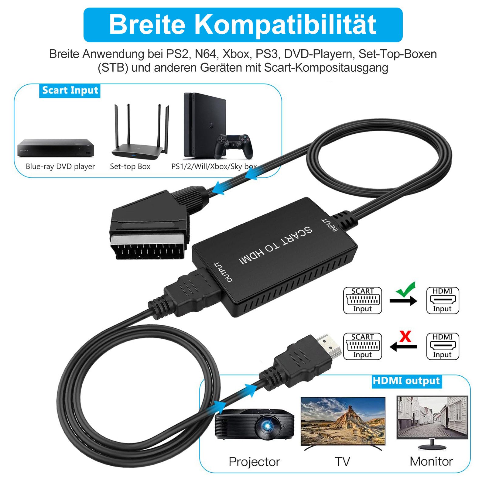 Bundviel SCART zu HDMI Adapter HD 1080P Video Audio Wandler mit HDMI Kabel HDMI-Adapter
