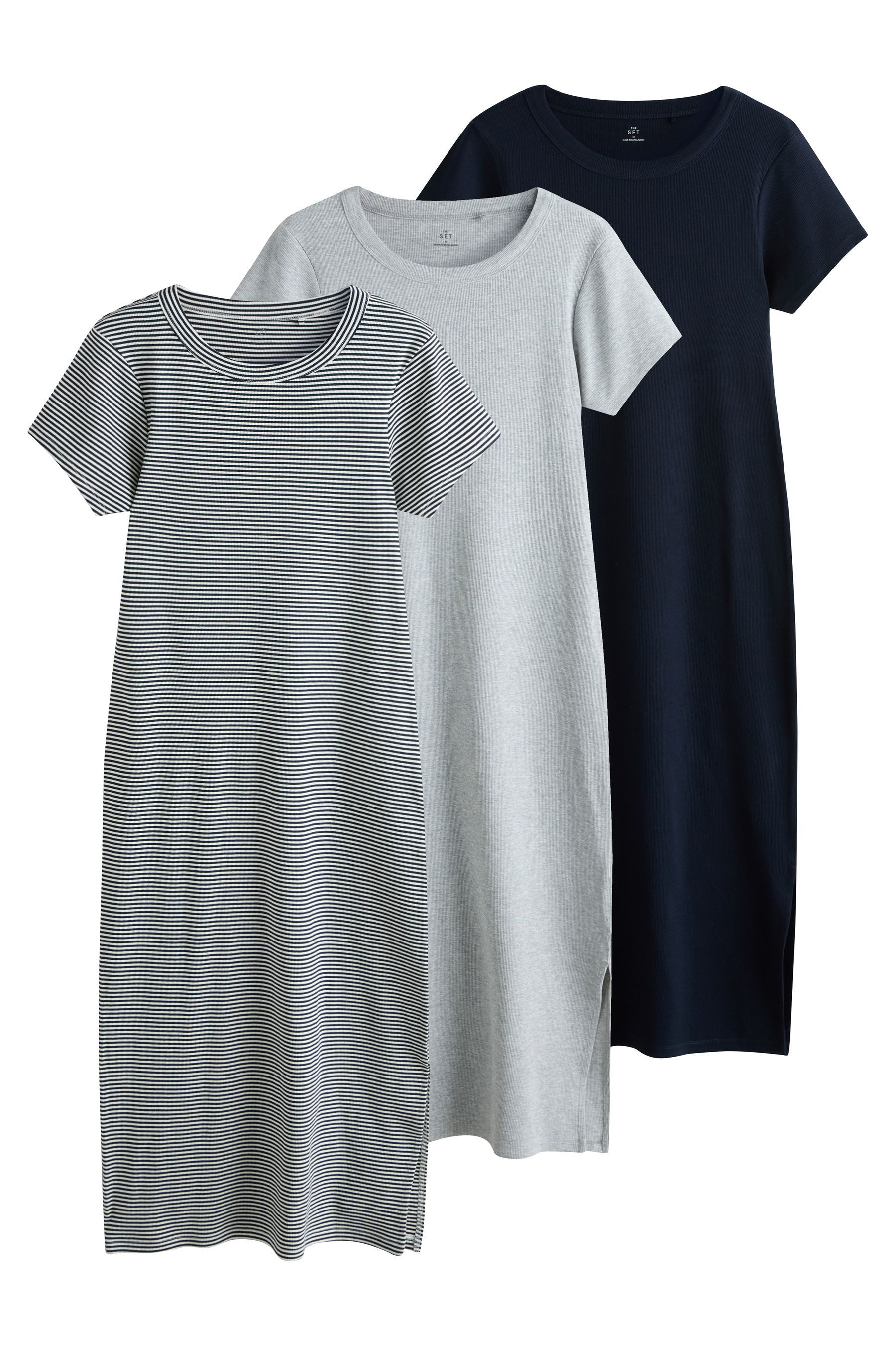 The Set Midikleid The Set gerippte Kurzarm-Midikleider, 3er-Pack (3-tlg)