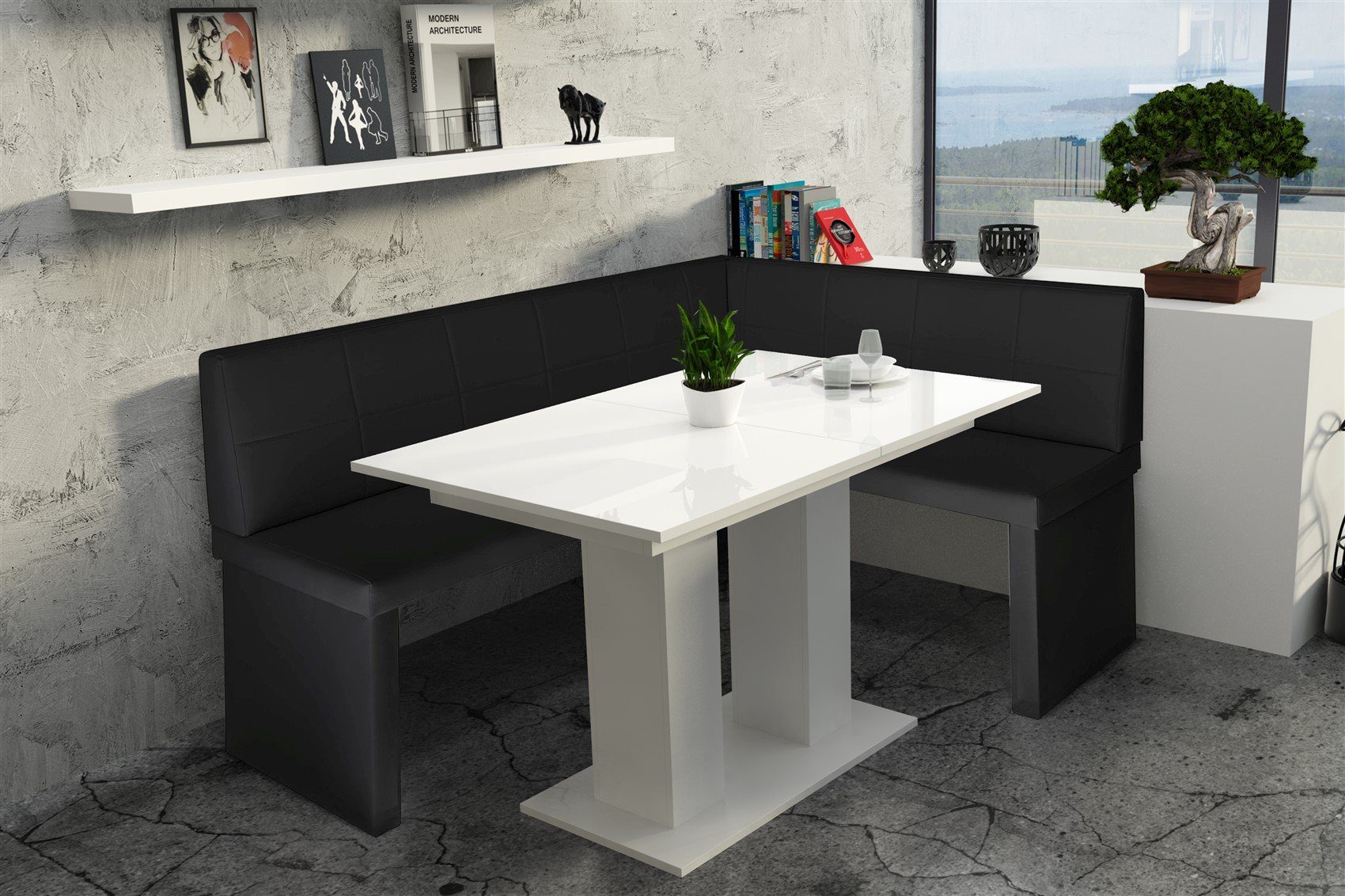 mit Hochglanz, Tisch Tisch Möbel XL“ 196x142cm Weiß ausziehbarer Kunstleder Eckbankgruppe Schwarz Eckbankgruppe Fun „Robin