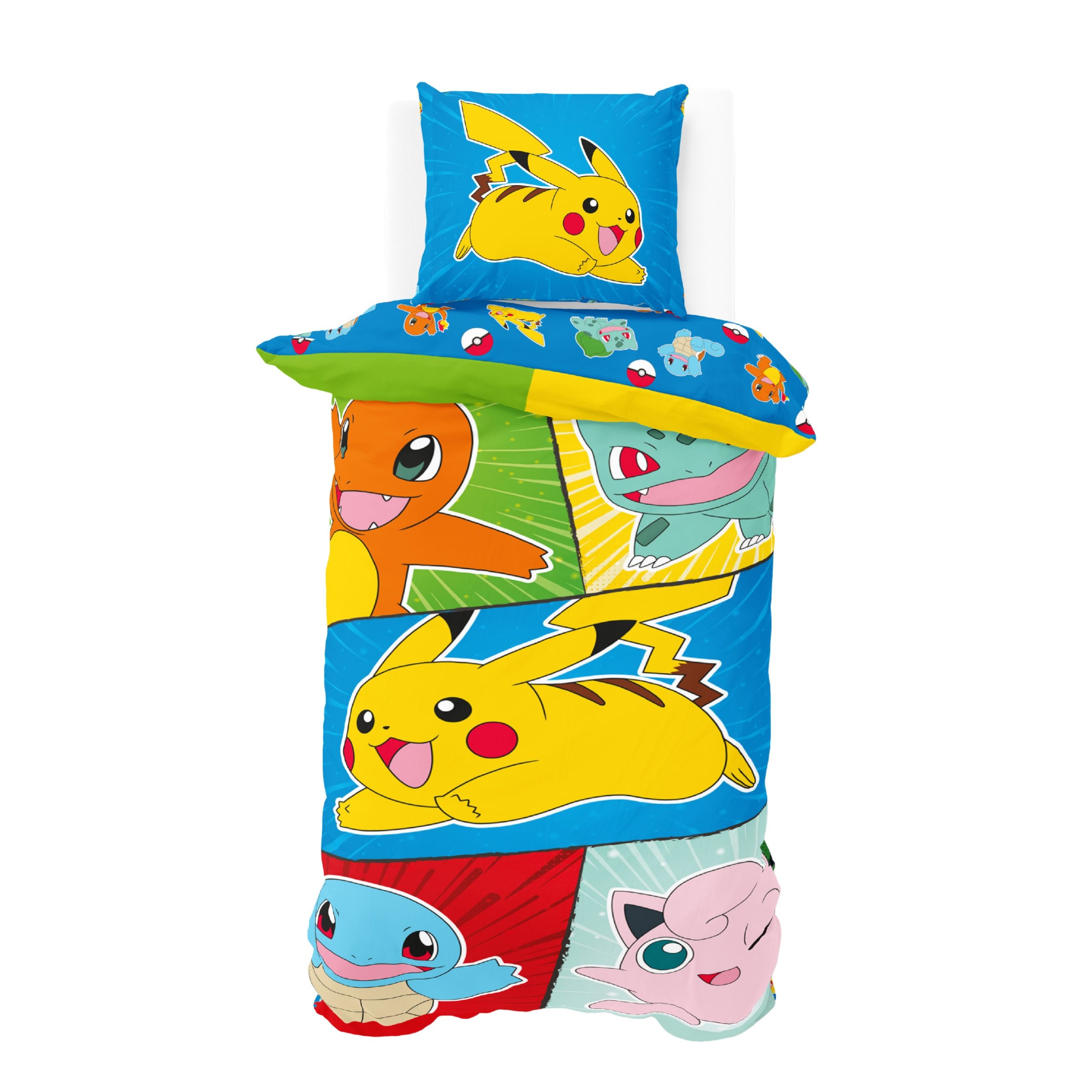 MTOnlinehandel Kinderbettwäsche Pokemon "Dream Team" weiche Microfaser, 135x200 cm + 80x80 cm, Microfaser, 2 teilig, Wendebettwäsche für Mädchen und Jungen, Gaming, Pikachu