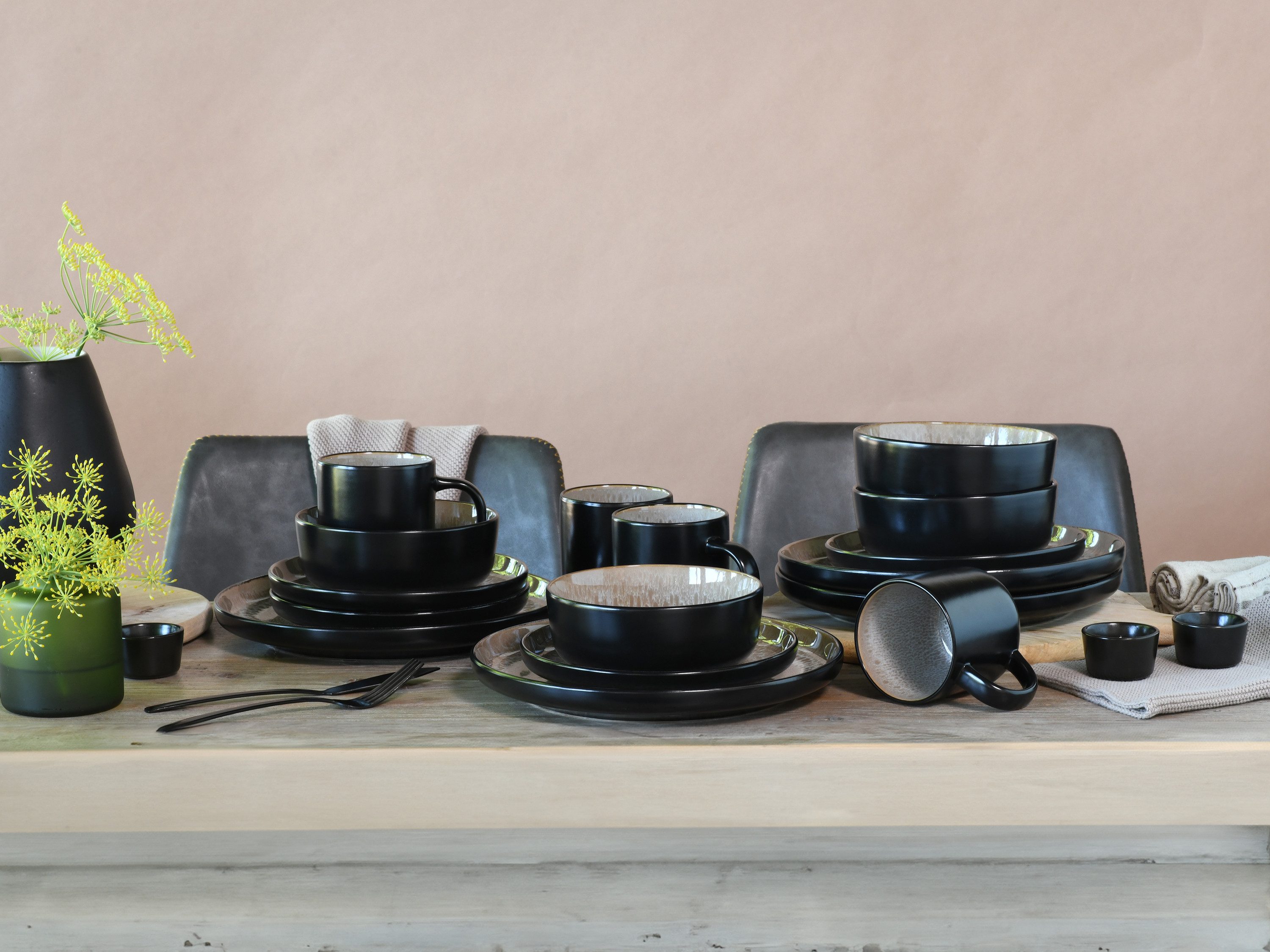 CreaTable Kombiservice Nordic Fjord Beige - Schwarz (16-tlg), 4 Personen, Steinzeug