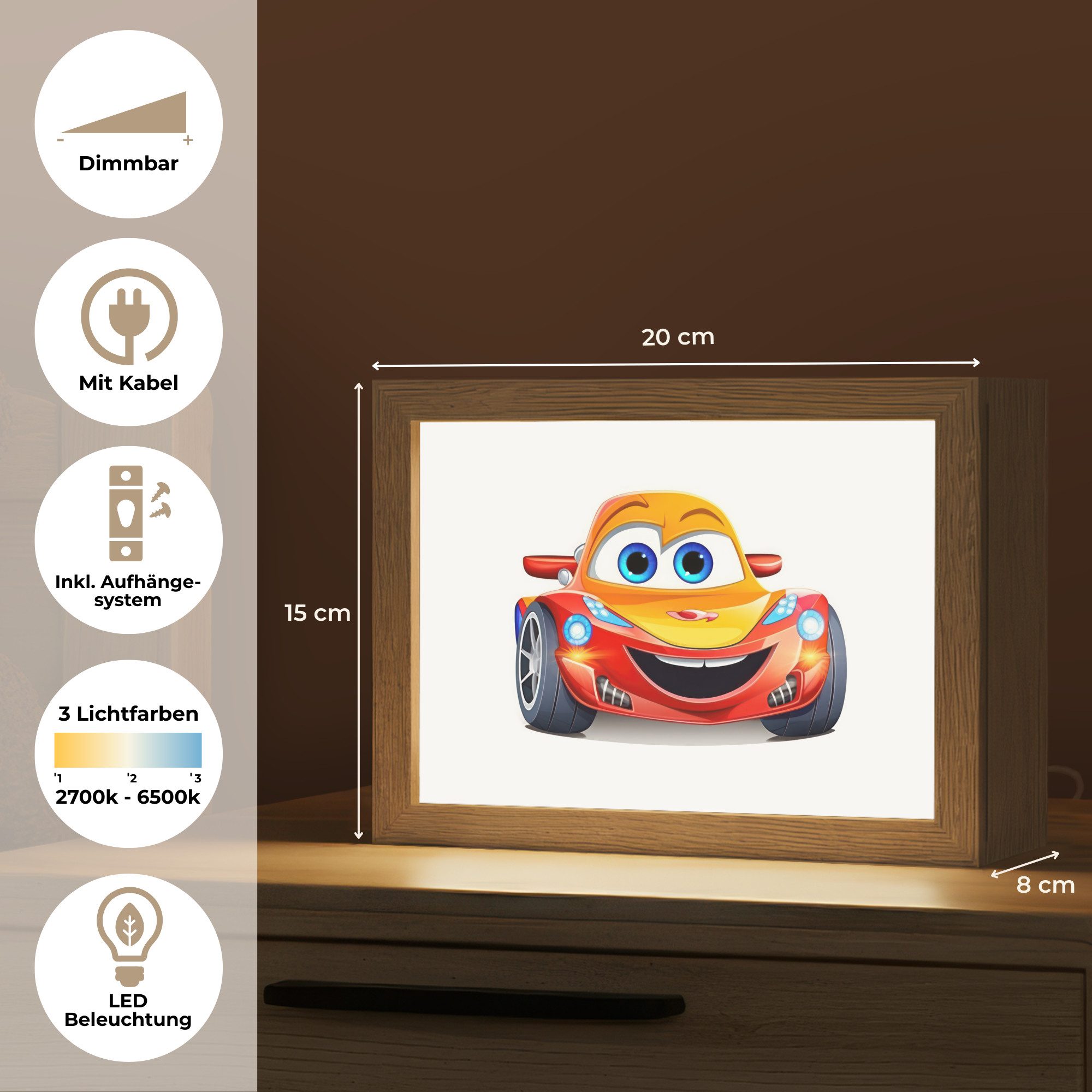 OnlyWow Nachttischlampe Lightbox Rennwagen - Orange - Kinder - Auto - Jungen, Dimmbar, Farbwechsel, LED, Warmweiß, Kaltweiß, Neutralweiß Einstellbar, Nachtlicht, Kinder- und Babyzimmer, Dimmbar, mit Kabel, Tischleuchte