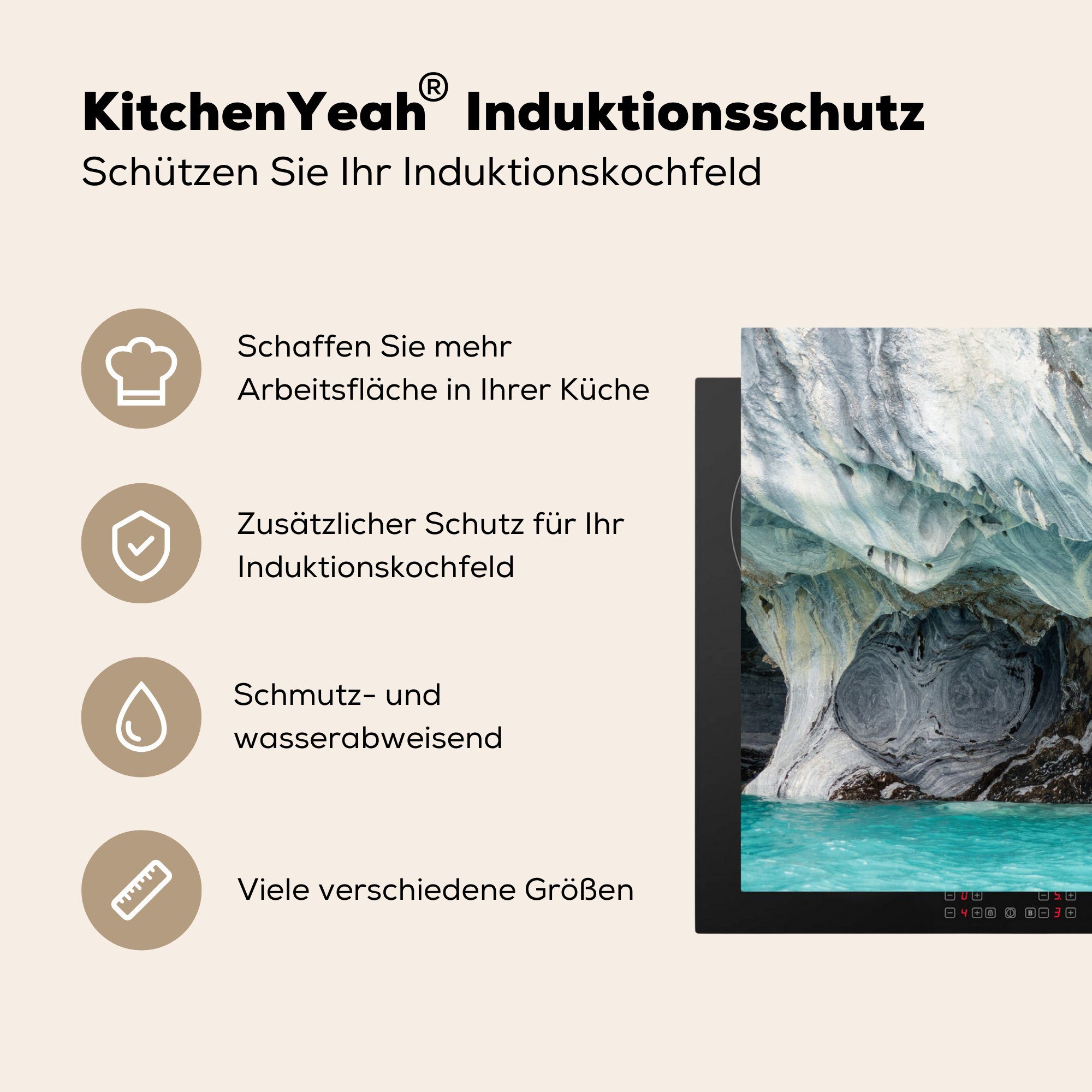 MuchoWow die Vinyl, cm, (1 küche, Chile, Marmorhöhlen Induktionskochfeld tlg), der für Ceranfeldabdeckung Schutz Herdblende-/Abdeckplatte 81x52 in Höhlen Überflutete