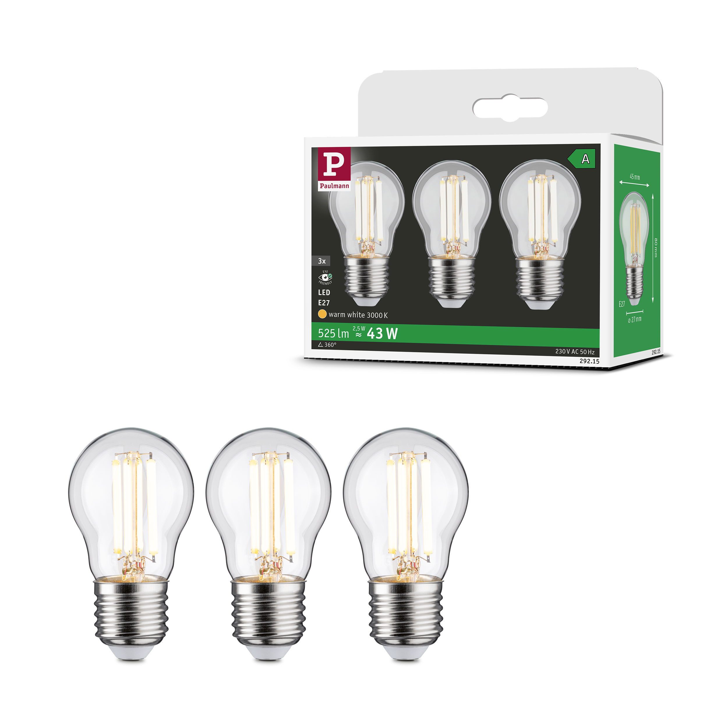 Paulmann LED-Leuchtmittel Eco-Line 3er-Pack Tropfen 525lm 2,5W 3000K klar 230V, E27, 3 St., Warmweiß