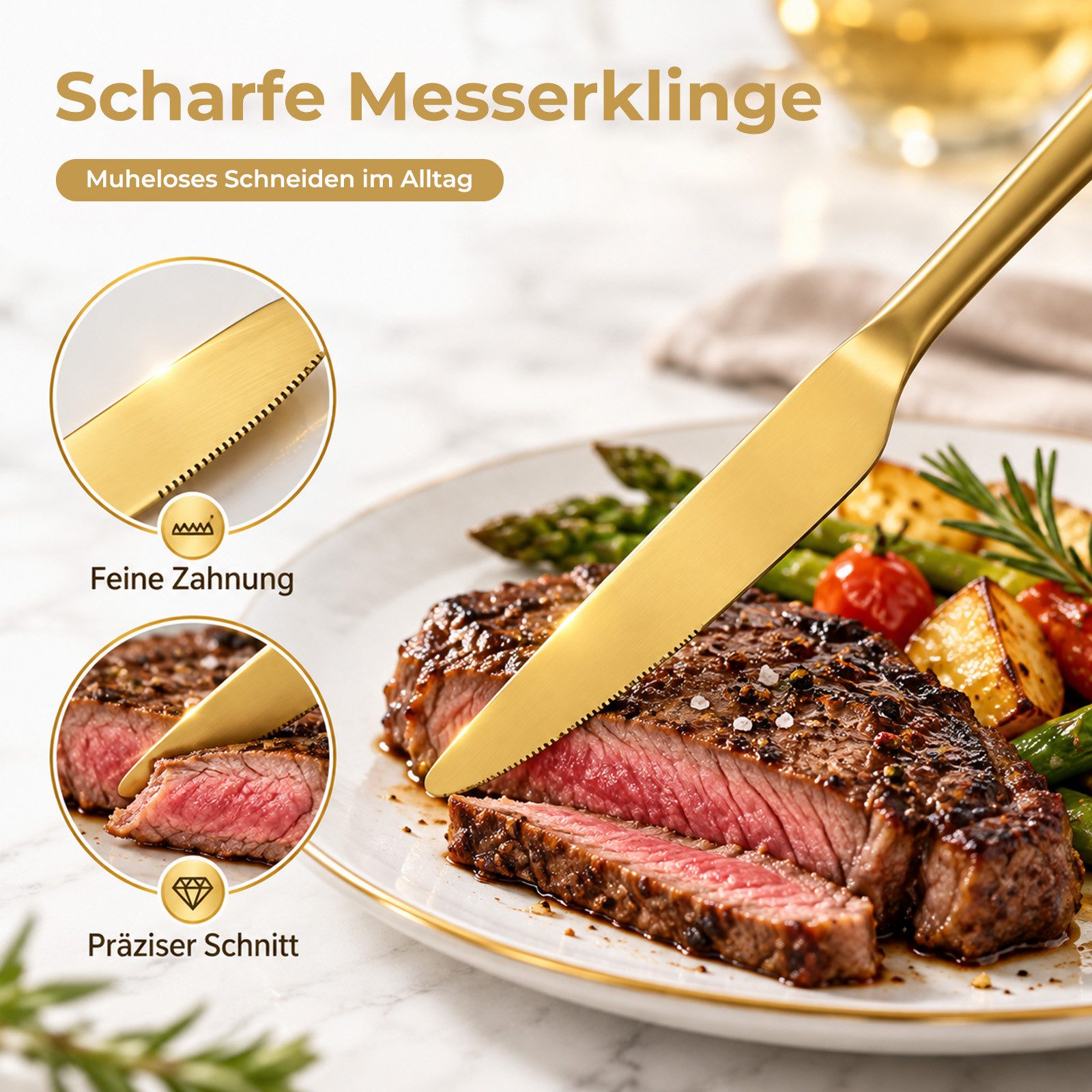 AKKEE Besteck-Set für 6 Personen, 30 teilig Titanium Gold Essbesteck Set, 6 Personen, inkl. Messer, Gabel, Löffel, Besteck Edelstahl, Spülmaschinenfest – Bild 3 von 5