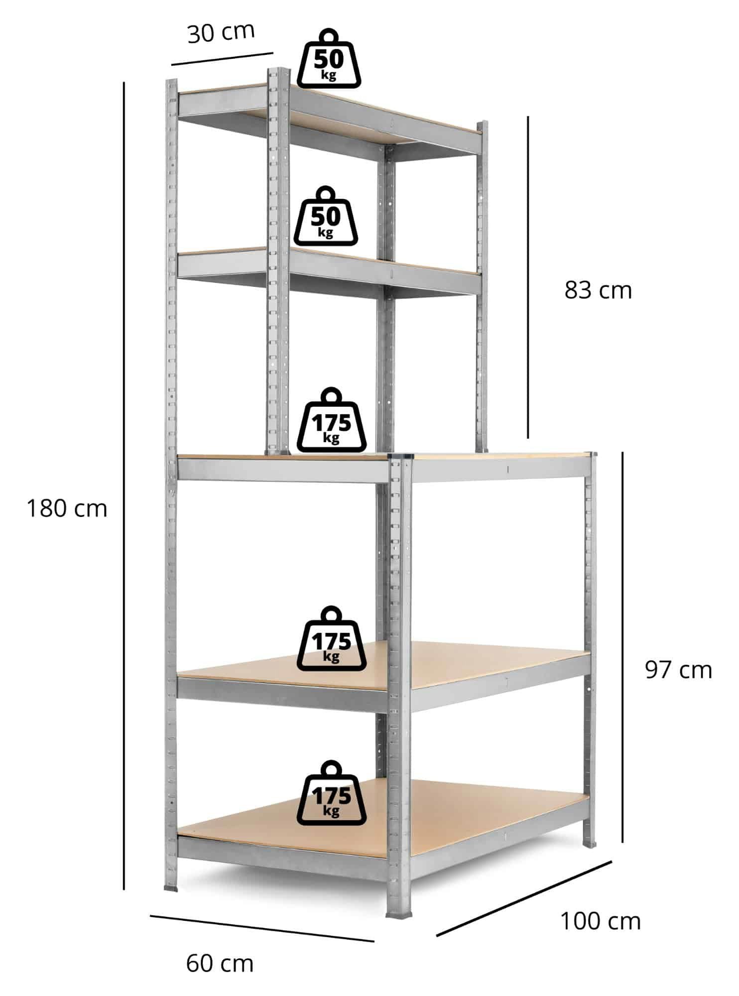 Werkbankregal gesamt: Werkbank Stagecaptain 625 - Tragkraft kg Set, (2er Robustes für Lagerraum, 2-tlg), Silber Steckregal Werkstatt, Keller,