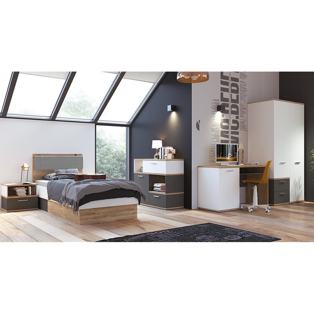 Lomadox Jugendzimmer-Set TOMAR-129, (Sparset, 5-tlg), Komplett Set mit 90x200 cm Bett in Eiche Nb. mit grau und weiß