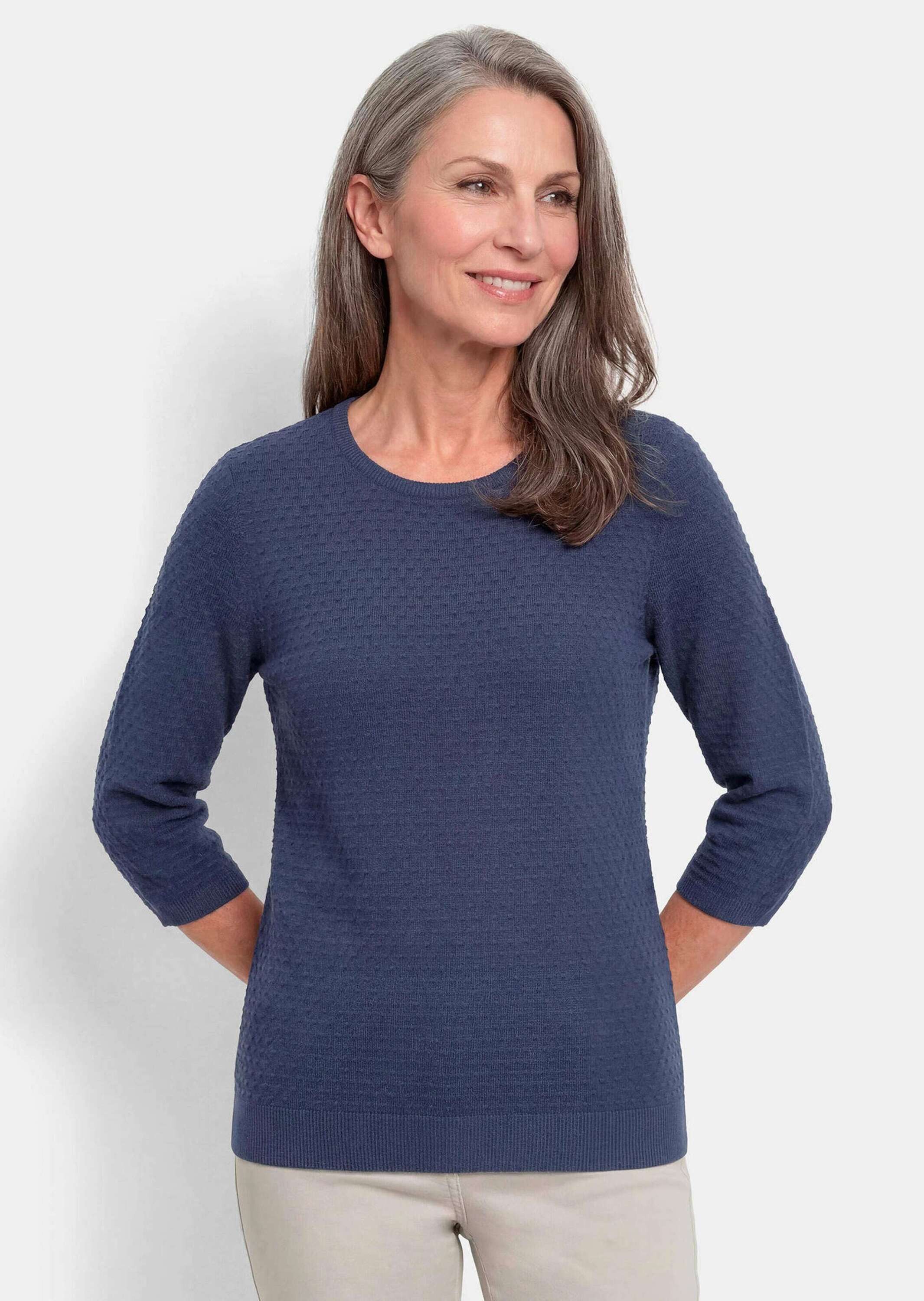 GOLDNER Strickpullover Halbarm Baumwollpullover mit Struktur Elegantes Strickoberteil mit Rundhals-Ausschnitt und 3/4-Ärmel