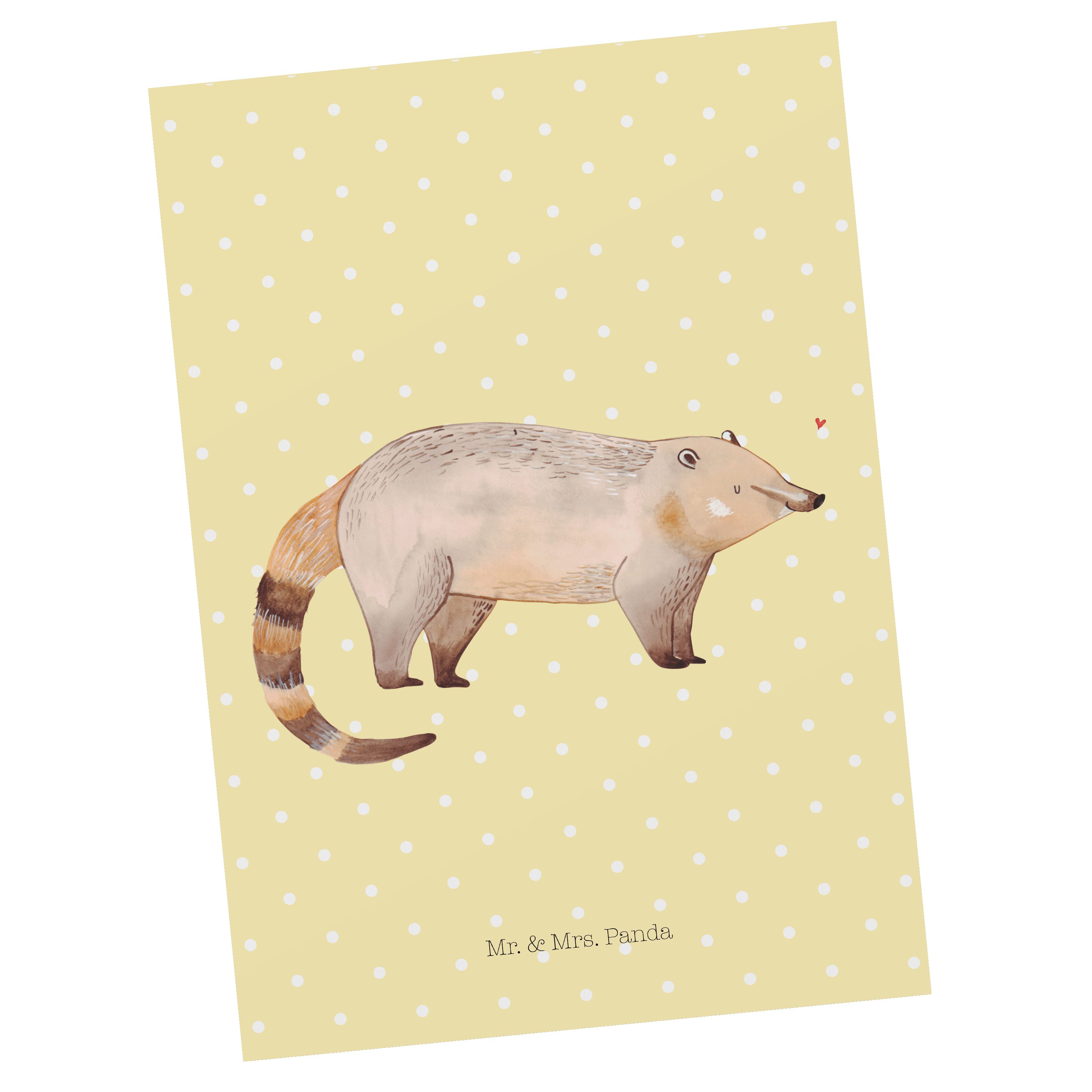 Mr. & Mrs. Panda Postkarte Nasenbaer - Gelb Pastell - Geschenk, Nasenbären, Bär, Geschenkkarte