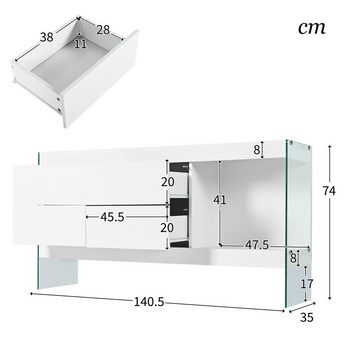 NMonet Sideboard Beistellschrank Breite 140cm, LED-Kunstschrank, mit Glasbeinen, 4 Schubladen und einem Fach