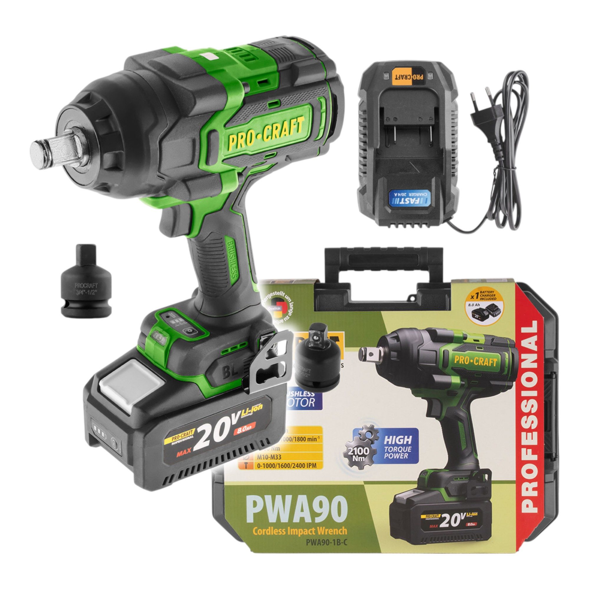 PRO CRAFT Akku-Schlagschrauber PWA90 Schlagschrauber 20V 2100Nm 3/4" + 1x Akku 4,0Ah + Lader + Koffer